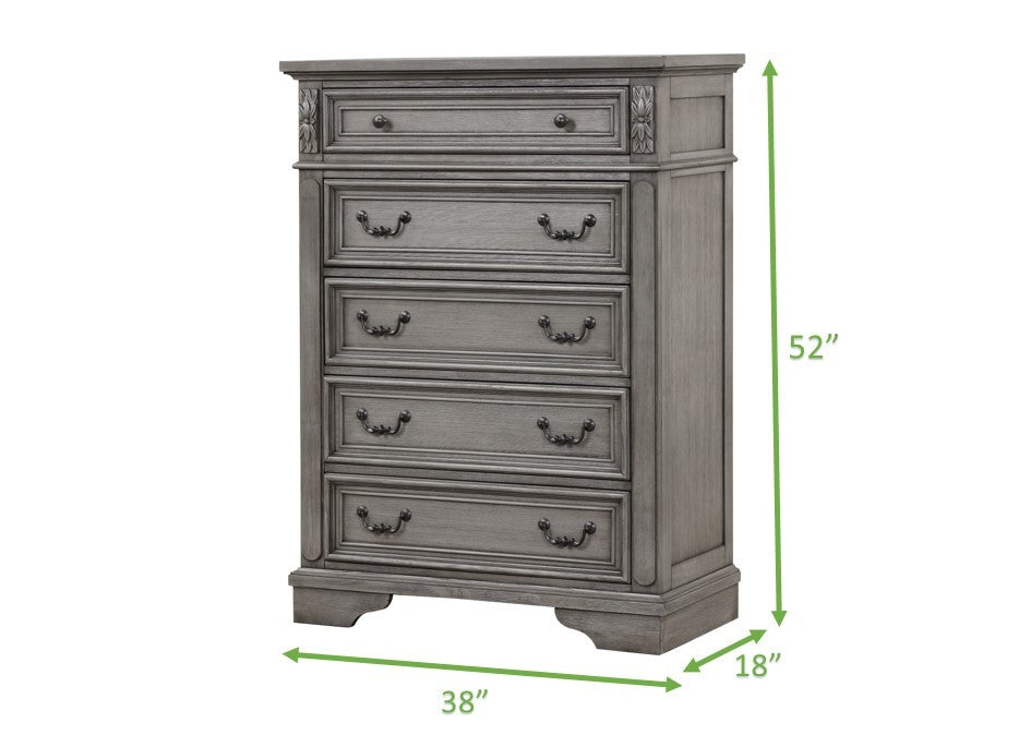 Grace Traditional Style 5 Drawer Chest Made With Wood In Rustic Gray Sliding Gray Drawer 5 Drawers & Above Bedroom Ball Bearing Glides Traditional Antique Solid Wood Mdf Wood