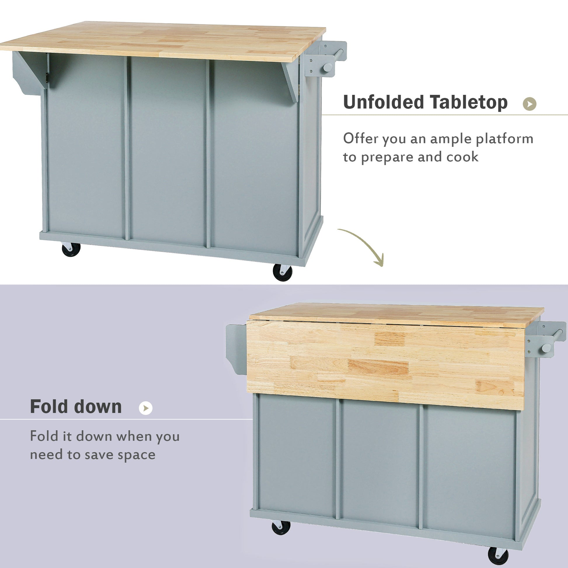 Kitchen Cart With Rubber Wood Drop Leaf Countertop ,Cabinet Door Internal Storage Racks,Kitchen Island On 5 Wheels With Storage Cabinet And 3 Drawers For Dinning Room, Grey Blue Blue Mdf