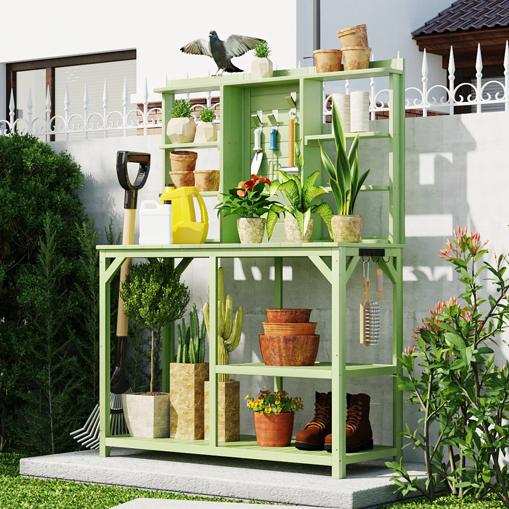 64.6" Large Outdoor Potting Bench, Garden Potting Table, Wood Workstation With 6 Tier Shelves, Large Tabletop And Side Hook For Mudroom, Backyard,Green Green Garden & Outdoor Casual Wood Solid Wood