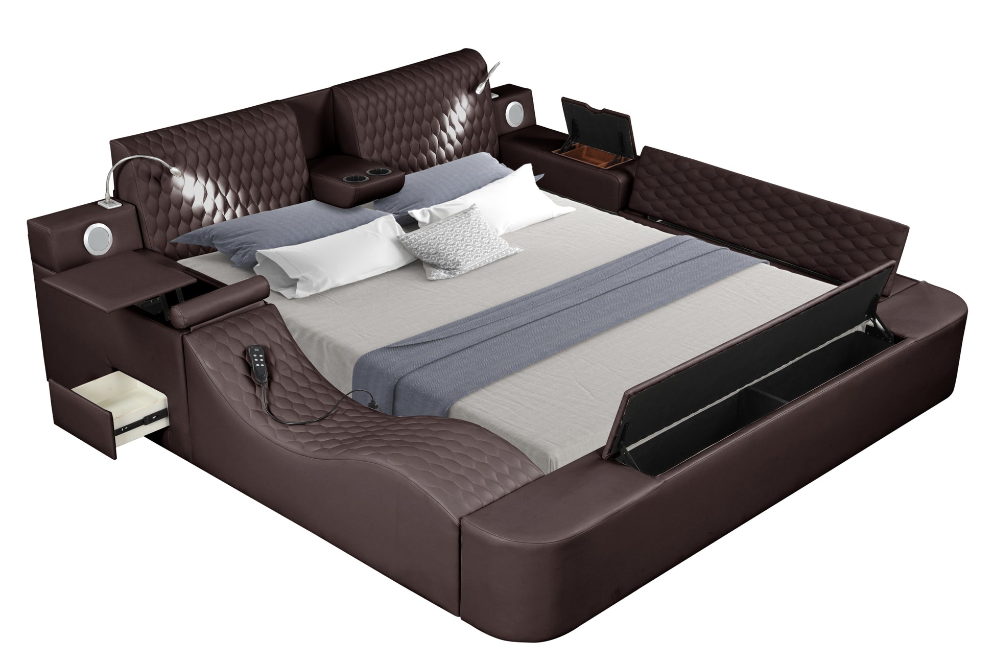 Zoya Smart Multifunctional King Size Bed Made With Wood In Brown Box Spring Not Required King Brown Wood Bedroom Contemporary,Modern Slat Beds Upholstered Wood