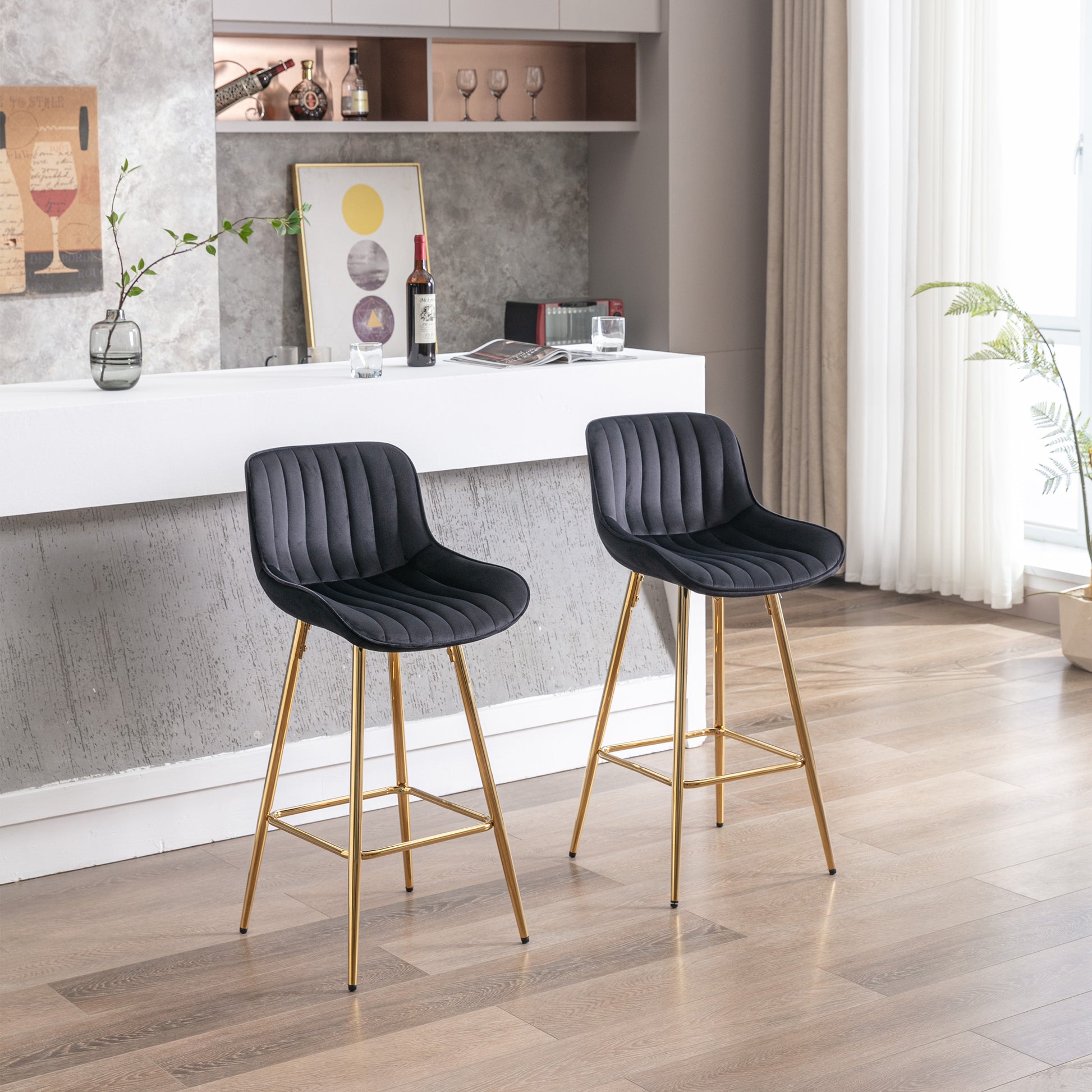 26 Inch Set Of 2 Bar Stools,With Chrome Footrest Velvet Fabric Counter Stool Golden Leg Simple Bar Stool,Black Black Foam Fabric