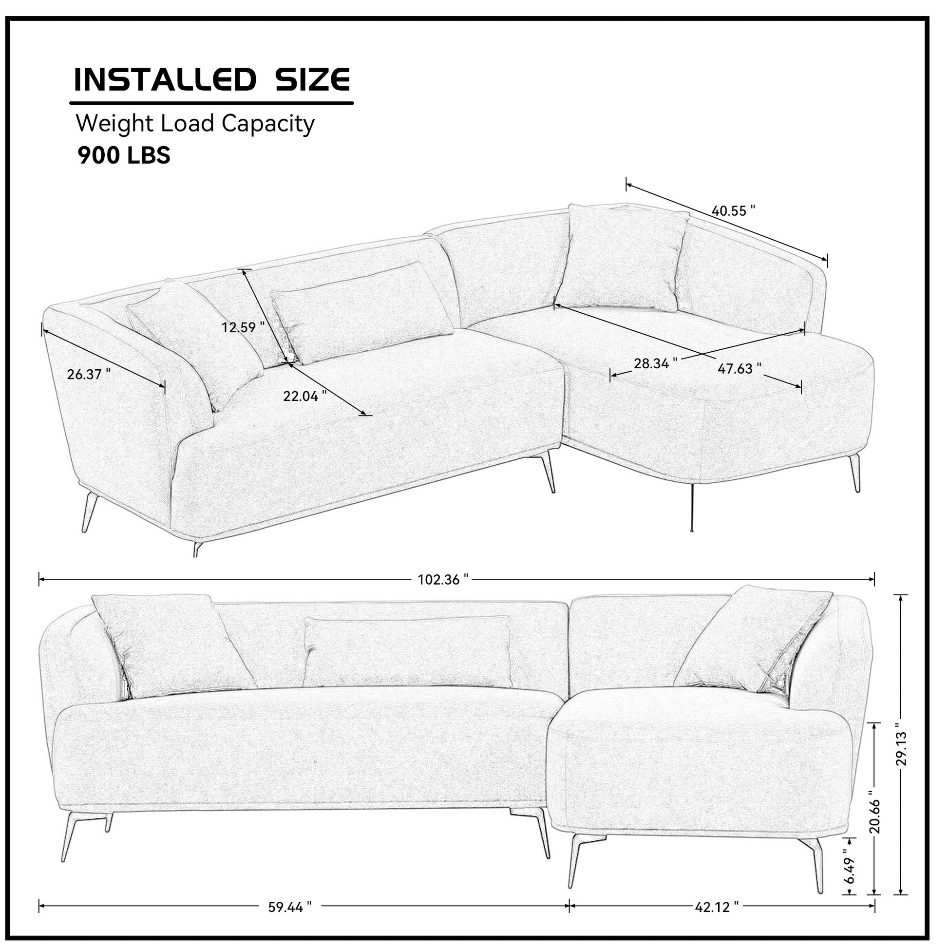 102" L Shape Sectional Sofa Couch With Chaise Lounge For Living Room Office, Metal Legs,Dark Grey Dark Gray Fabric