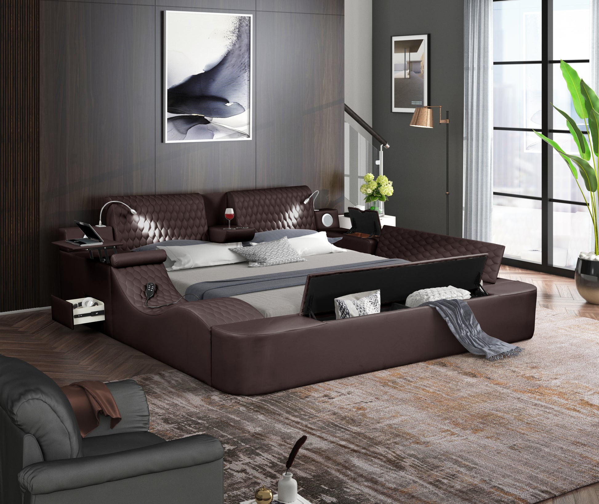 Zoya Smart Multifunctional King Size Bed Made With Wood In Brown Box Spring Not Required King Brown Wood Bedroom Contemporary,Modern Slat Beds Upholstered Wood