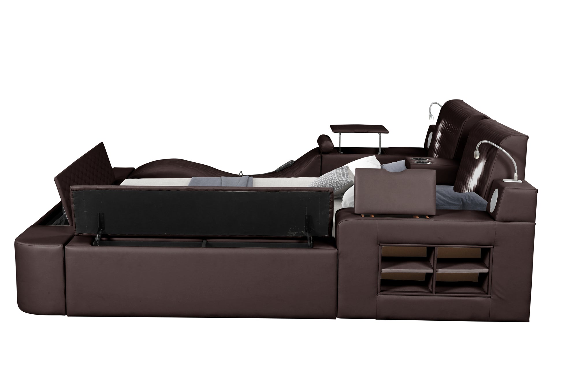 Zoya Smart Multifunctional King Size Bed Made With Wood In Brown Box Spring Not Required King Brown Wood Bedroom Contemporary,Modern Slat Beds Upholstered Wood