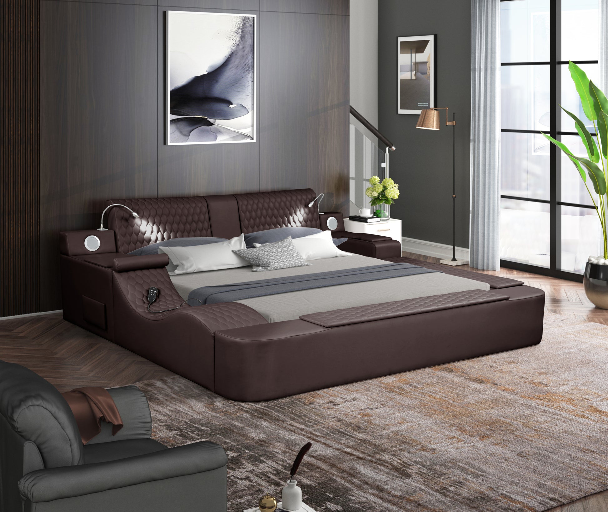 Zoya Smart Multifunctional King Size Bed Made With Wood In Brown Box Spring Not Required King Brown Wood Bedroom Contemporary,Modern Slat Beds Upholstered Wood