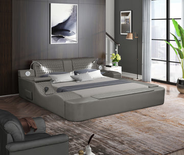 Zoya Smart Multifunctional Queen Size Bed Made With Wood In Gray Box Spring Not Required Queen Gray Wood Bedroom Contemporary,Modern Slat Beds Upholstered Wood