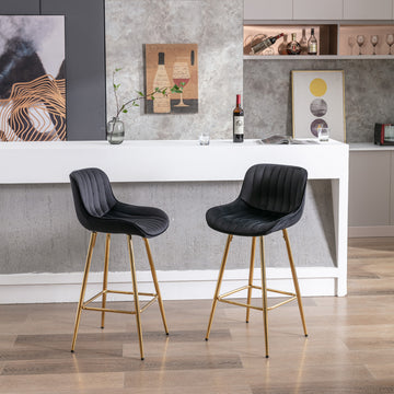 26 Inch Set Of 2 Bar Stools,With Chrome Footrest Velvet Fabric Counter Stool Golden Leg Simple Bar Stool,Black Black Foam Fabric