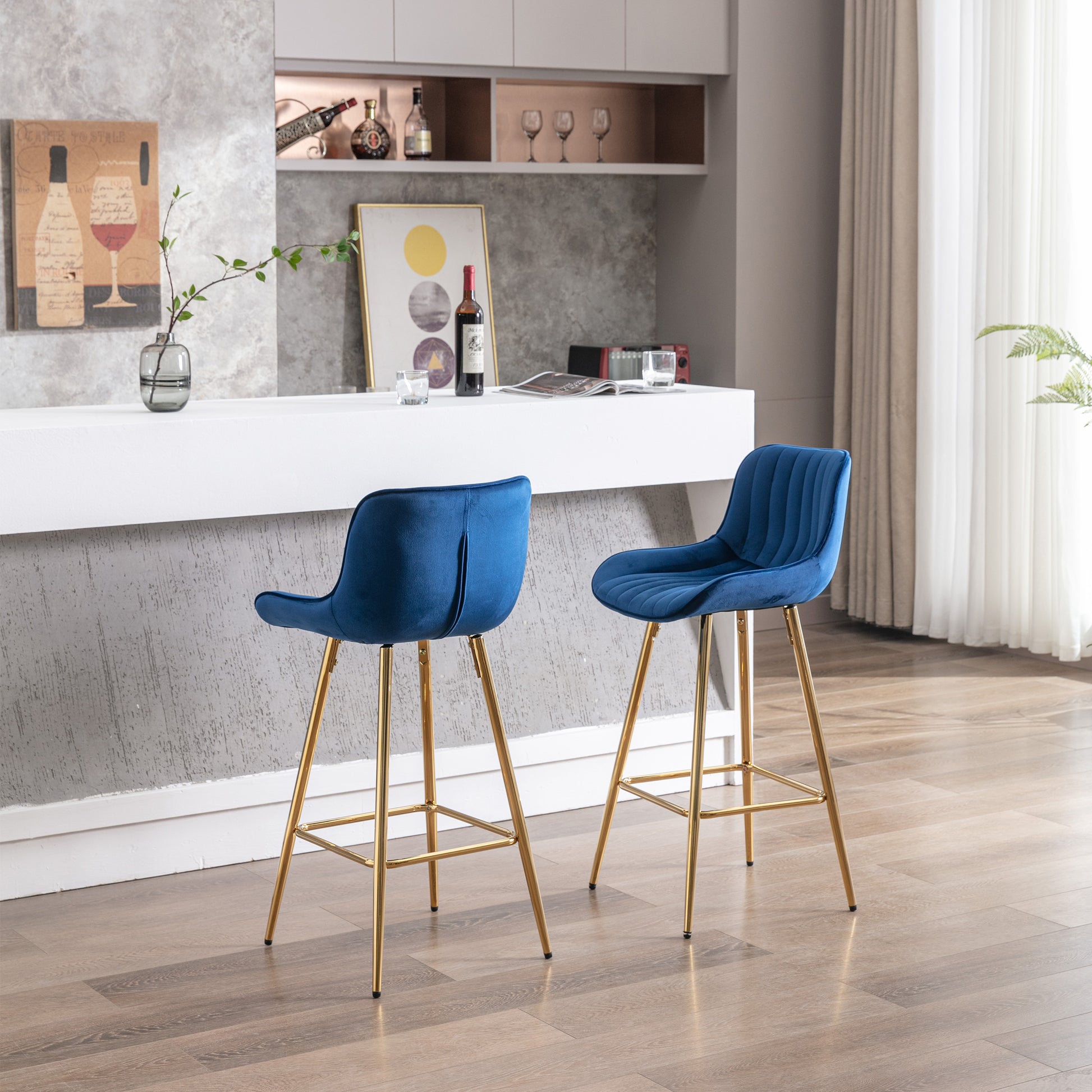 26 Inch Set Of 2 Bar Stools,With Steel Frame Footrest Velvet Fabric Golden Leg Simple Bar Stool,Blue Blue Foam Fabric