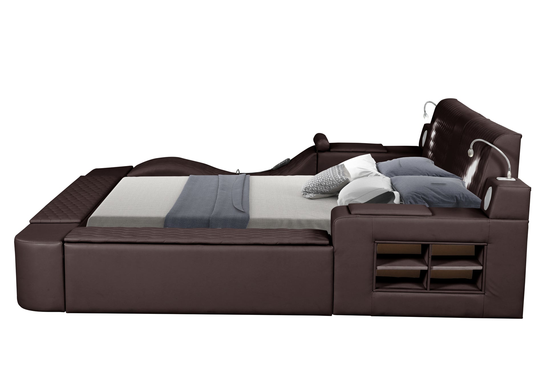 Zoya Smart Multifunctional King Size Bed Made With Wood In Brown Box Spring Not Required King Brown Wood Bedroom Contemporary,Modern Slat Beds Upholstered Wood