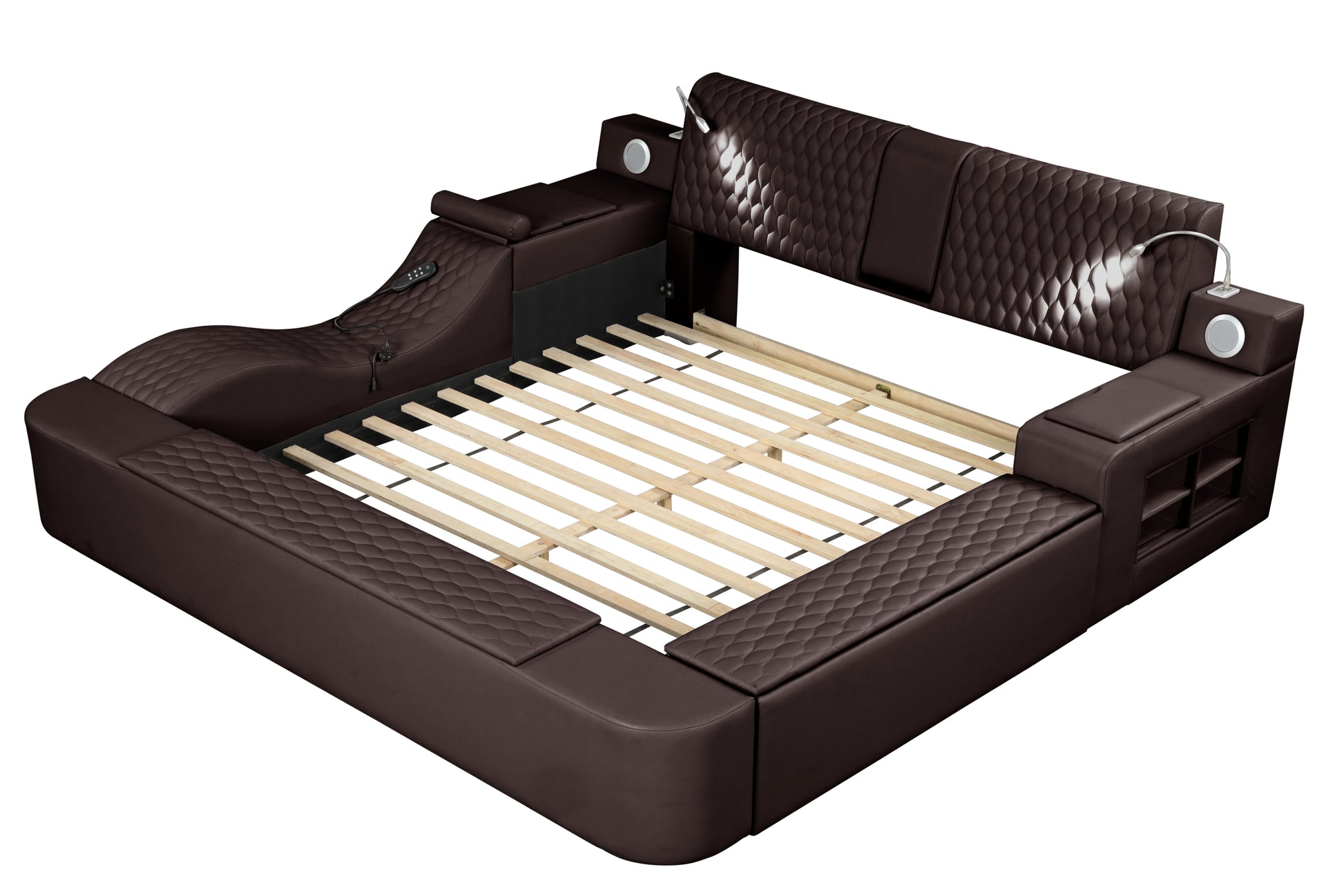 Zoya Smart Multifunctional King Size Bed Made With Wood In Brown Box Spring Not Required King Brown Wood Bedroom Contemporary,Modern Slat Beds Upholstered Wood
