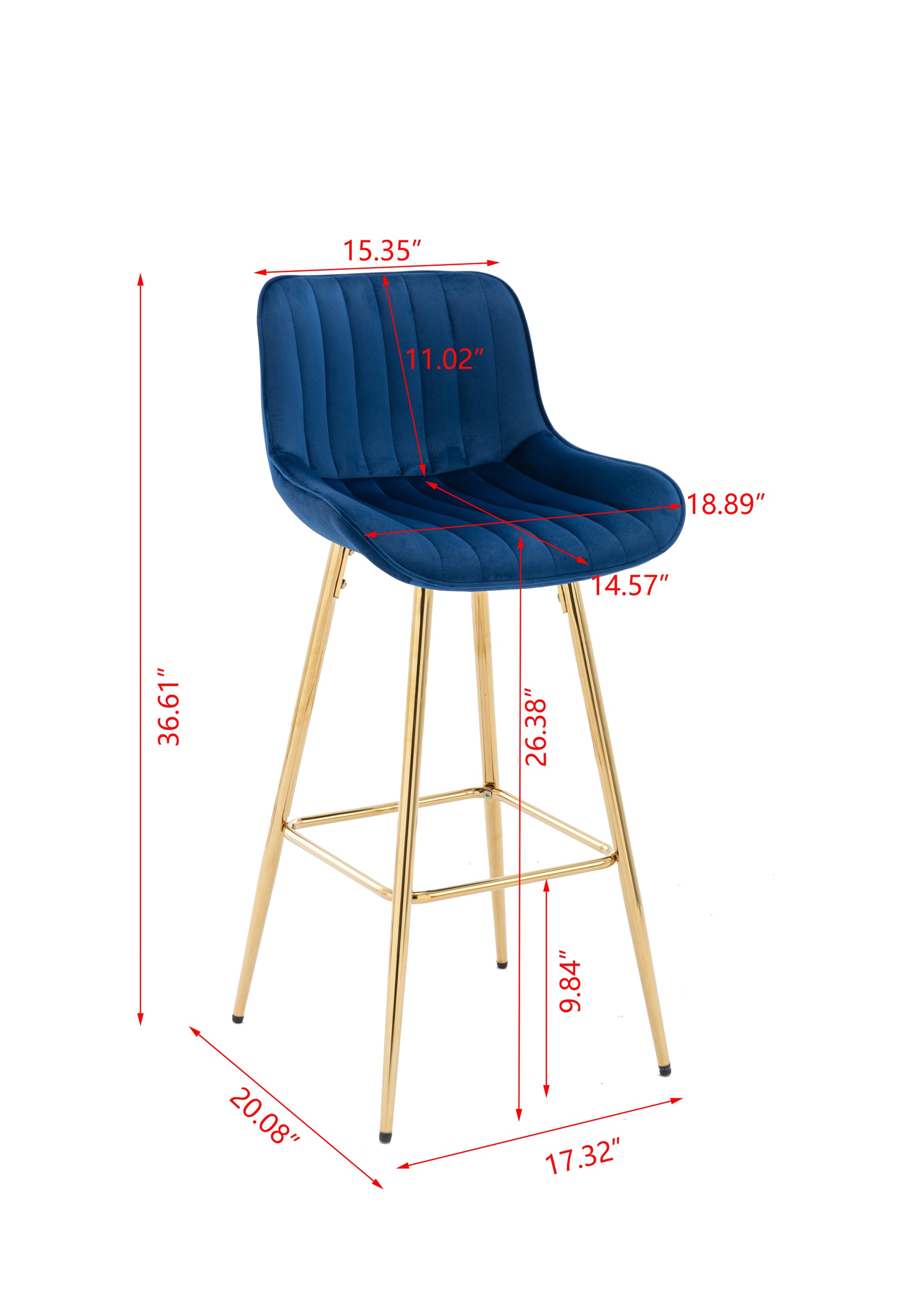 26 Inch Set Of 2 Bar Stools,With Steel Frame Footrest Velvet Fabric Golden Leg Simple Bar Stool,Blue Blue Foam Fabric