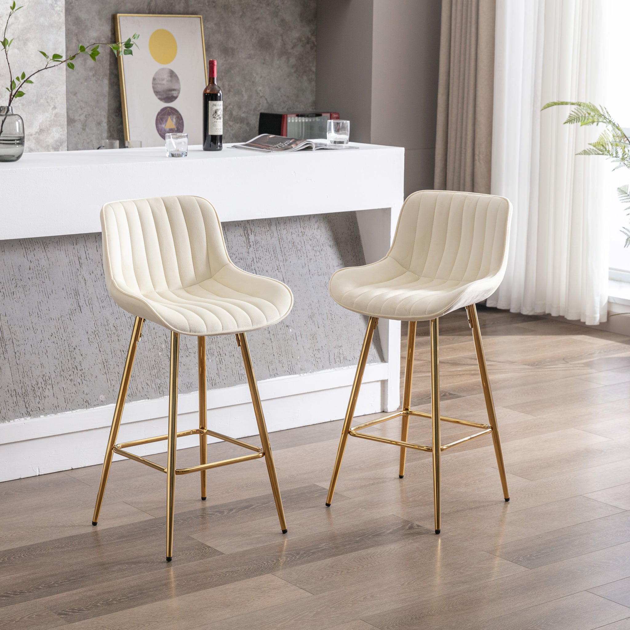 26 Inch Set Of 2 Bar Stools,With Chrome Footrest Velvet Fabric Counter Stool Golden Leg Simple Bar Stool,Cream Cream Foam Fabric