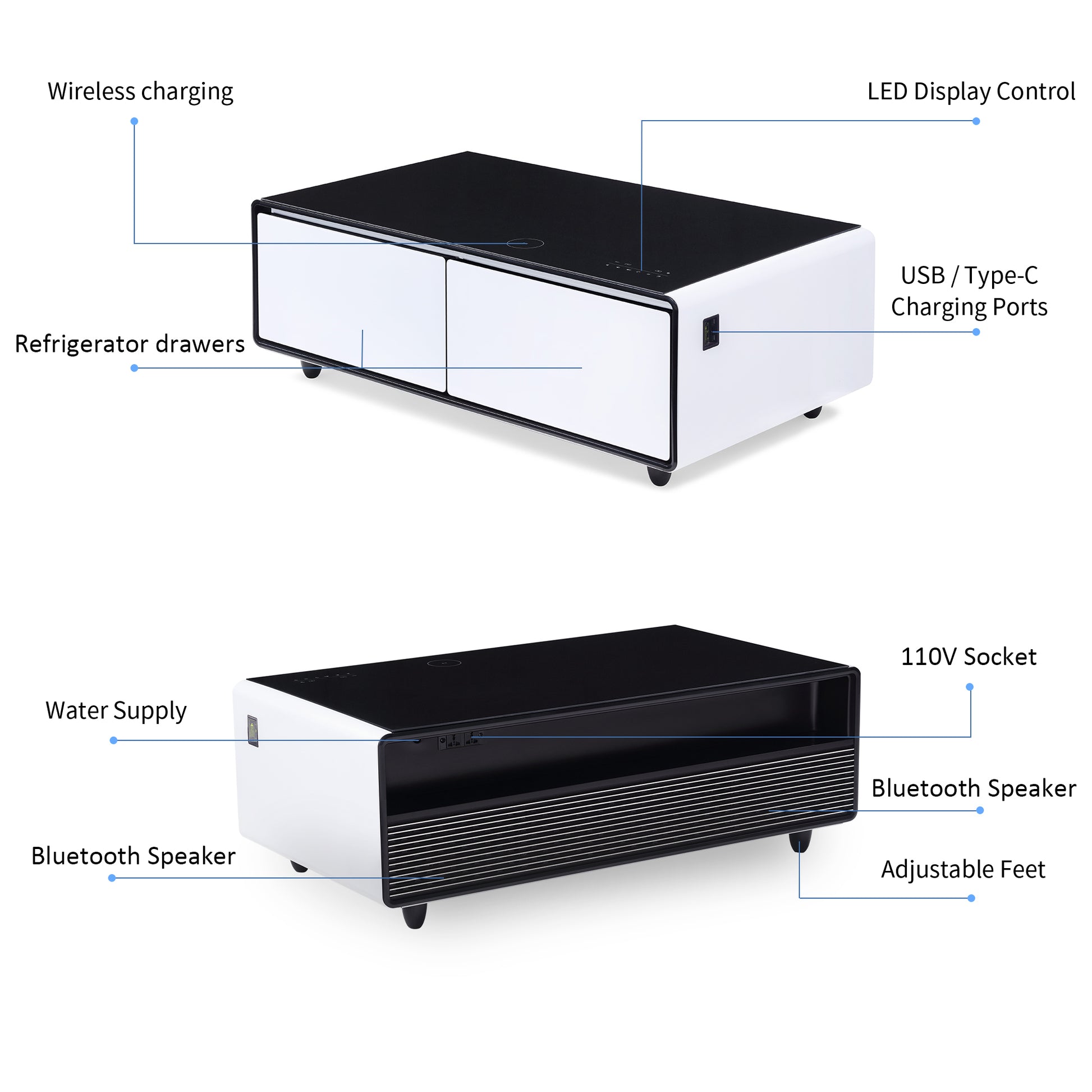 Modern Smart Coffee Table With Built In Fridge, Bluetooth Speaker, Wireless Charging Module, Touch Control Panel, Power Socket, Usb Interface, Outlet Protection, Atmosphere Light, White White Black Built In Outlets Or Usb Primary Living Space