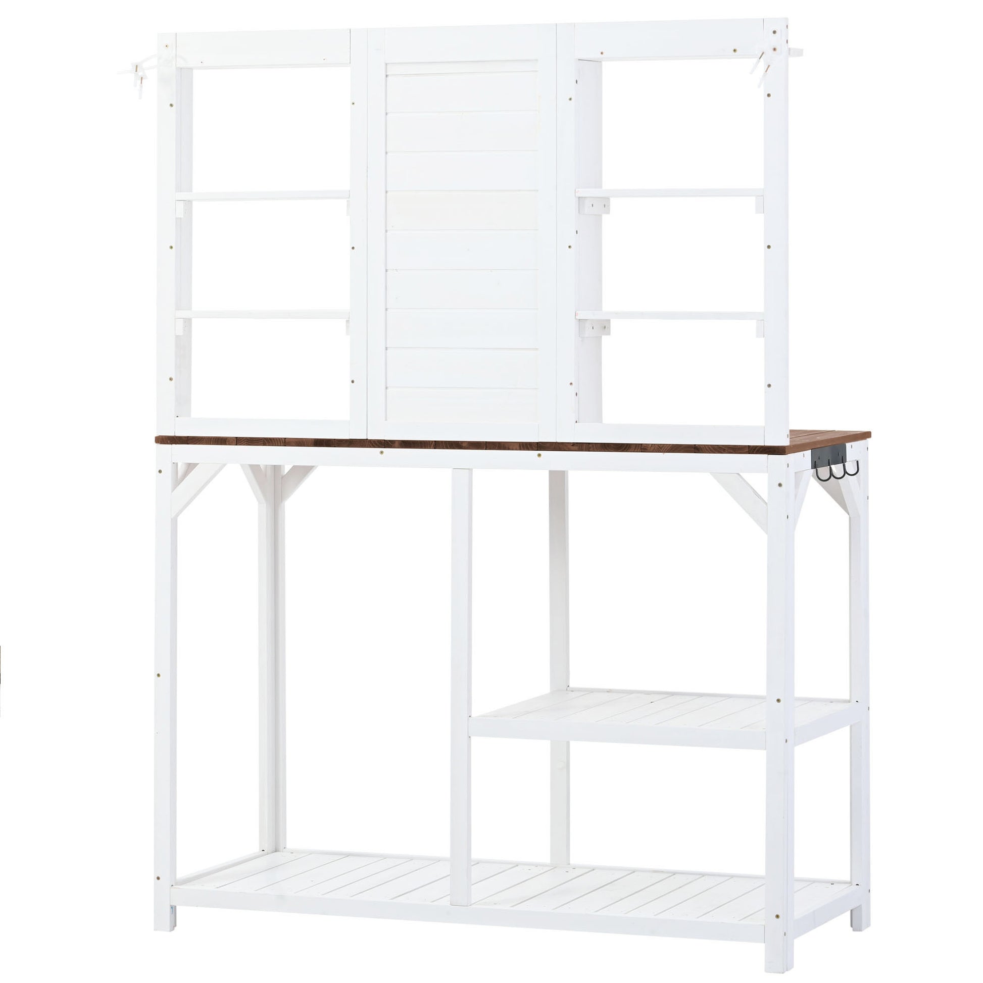 64.6" Large Outdoor Potting Bench, Garden Potting Table, Wood Workstation With 6 Tier Shelves, Large Tabletop And Side Hook For Mudroom, Backyard,White White Garden & Outdoor Casual Wood Solid Wood