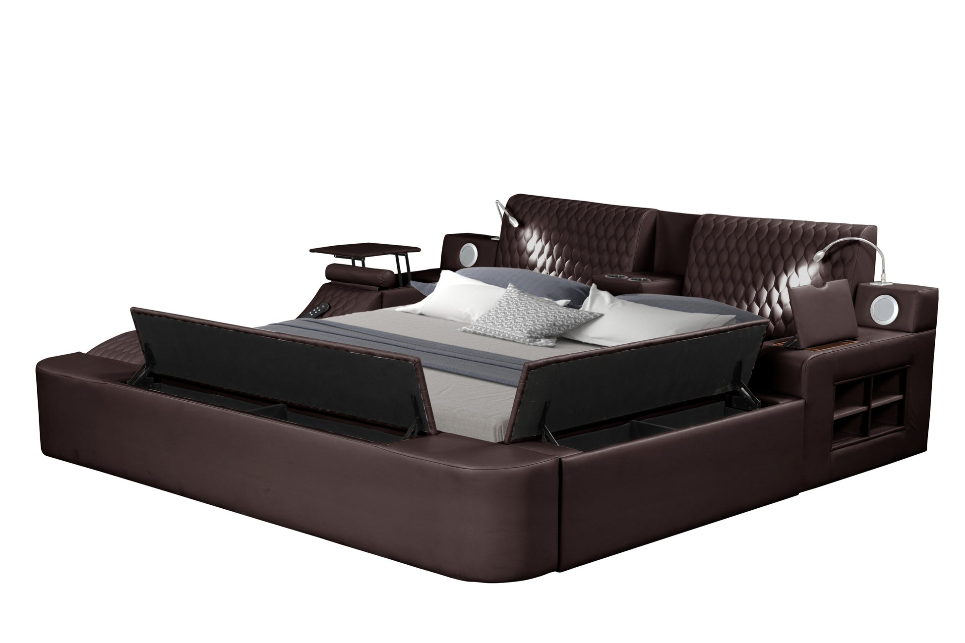 Zoya Smart Multifunctional King Size Bed Made With Wood In Brown Box Spring Not Required King Brown Wood Bedroom Contemporary,Modern Slat Beds Upholstered Wood