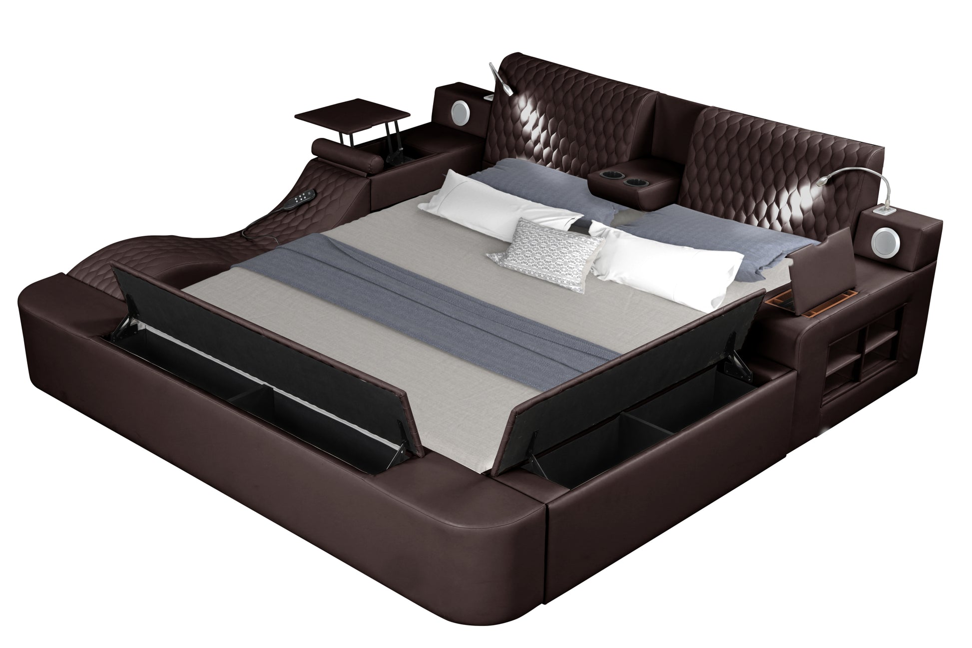 Zoya Smart Multifunctional King Size Bed Made With Wood In Brown Box Spring Not Required King Brown Wood Bedroom Contemporary,Modern Slat Beds Upholstered Wood