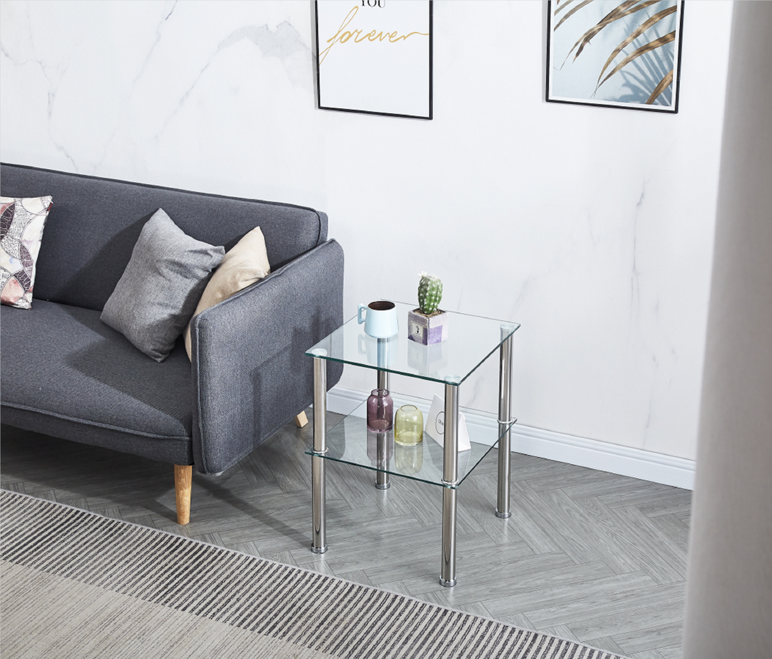 2 Layer Clear Tempered Glass Clear Side&End Table Transparent Glass