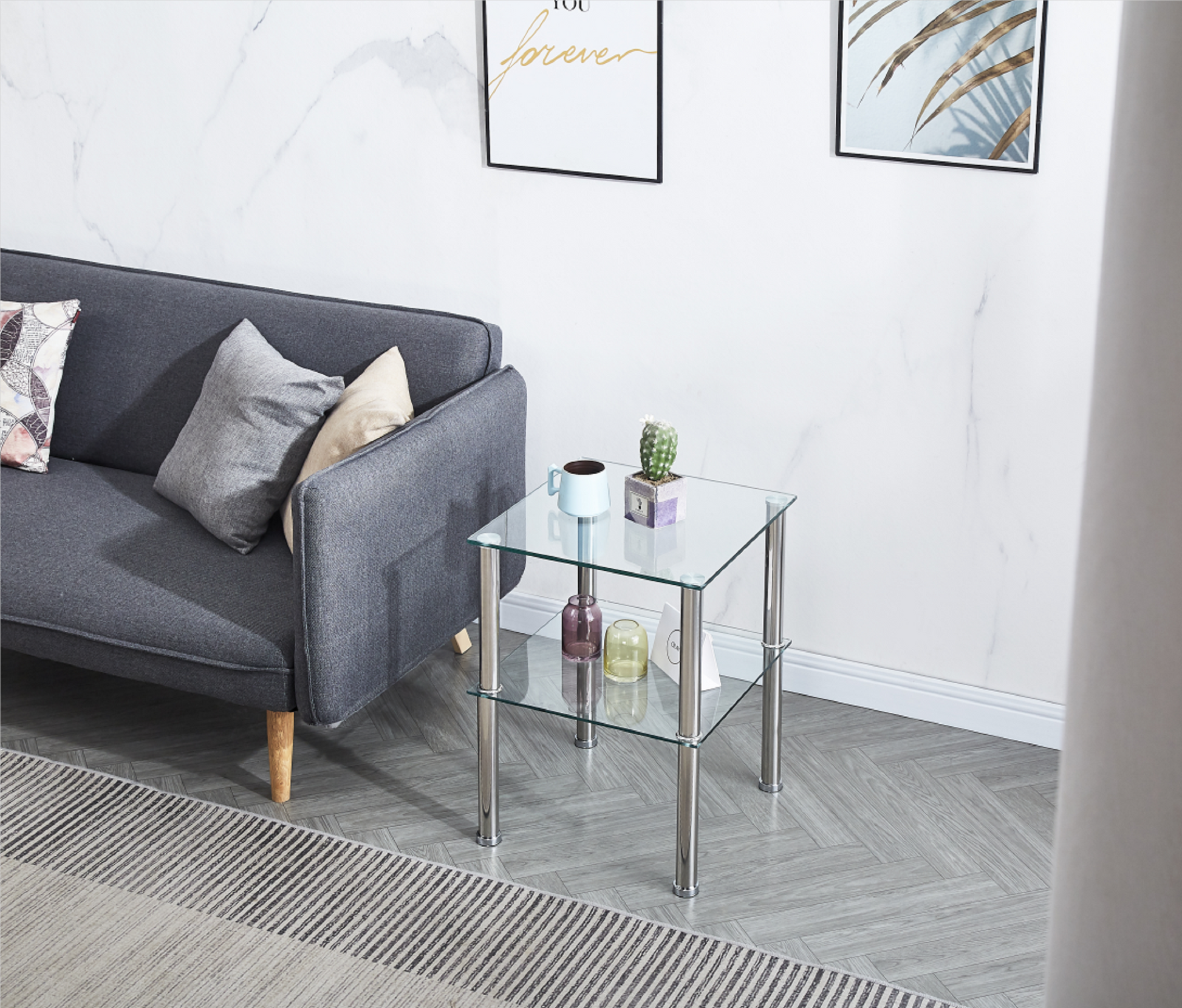 2 Layer Clear Tempered Glass Clear Side&End Table Transparent Glass