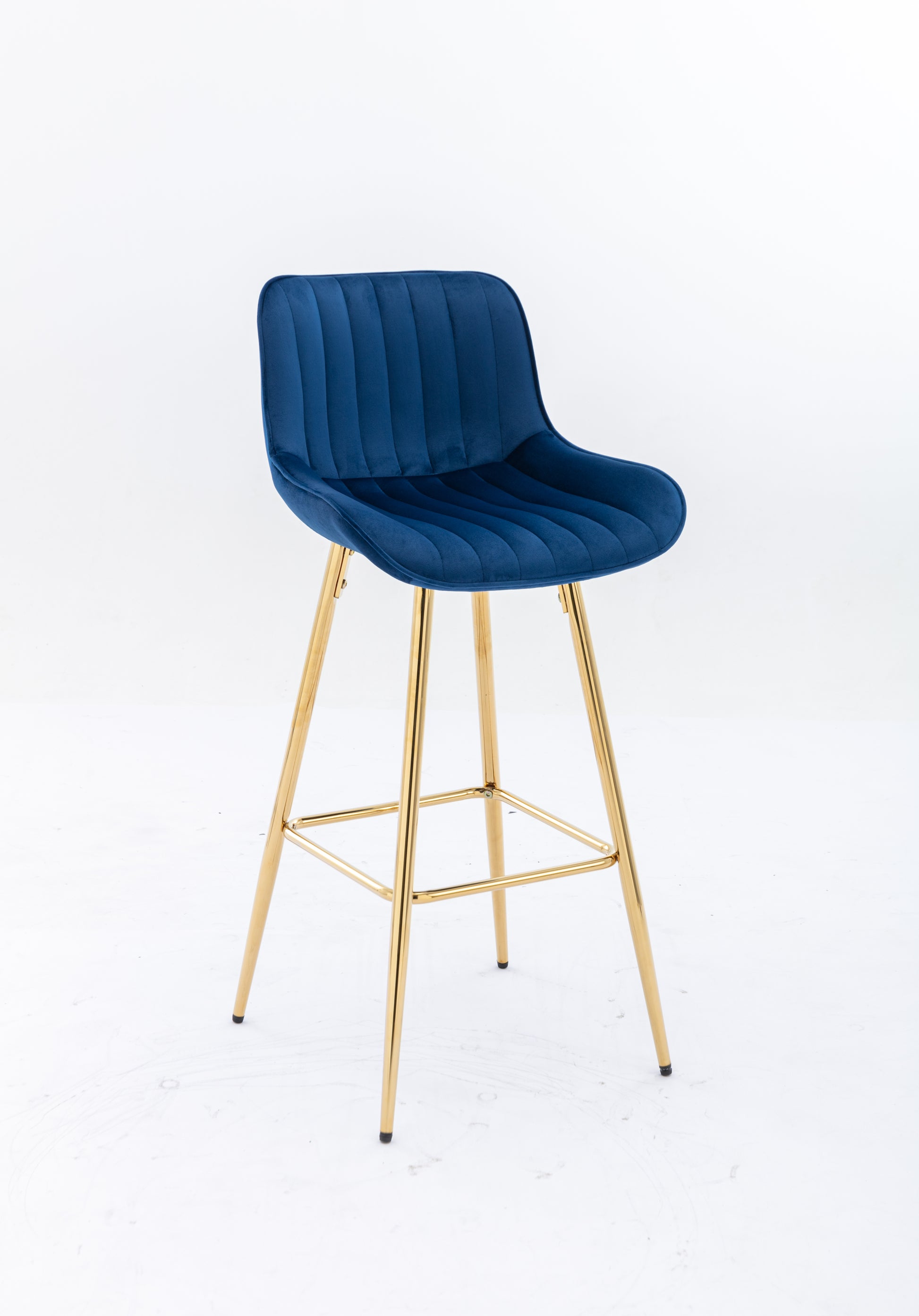 26 Inch Set Of 2 Bar Stools,With Steel Frame Footrest Velvet Fabric Golden Leg Simple Bar Stool,Blue Blue Foam Fabric