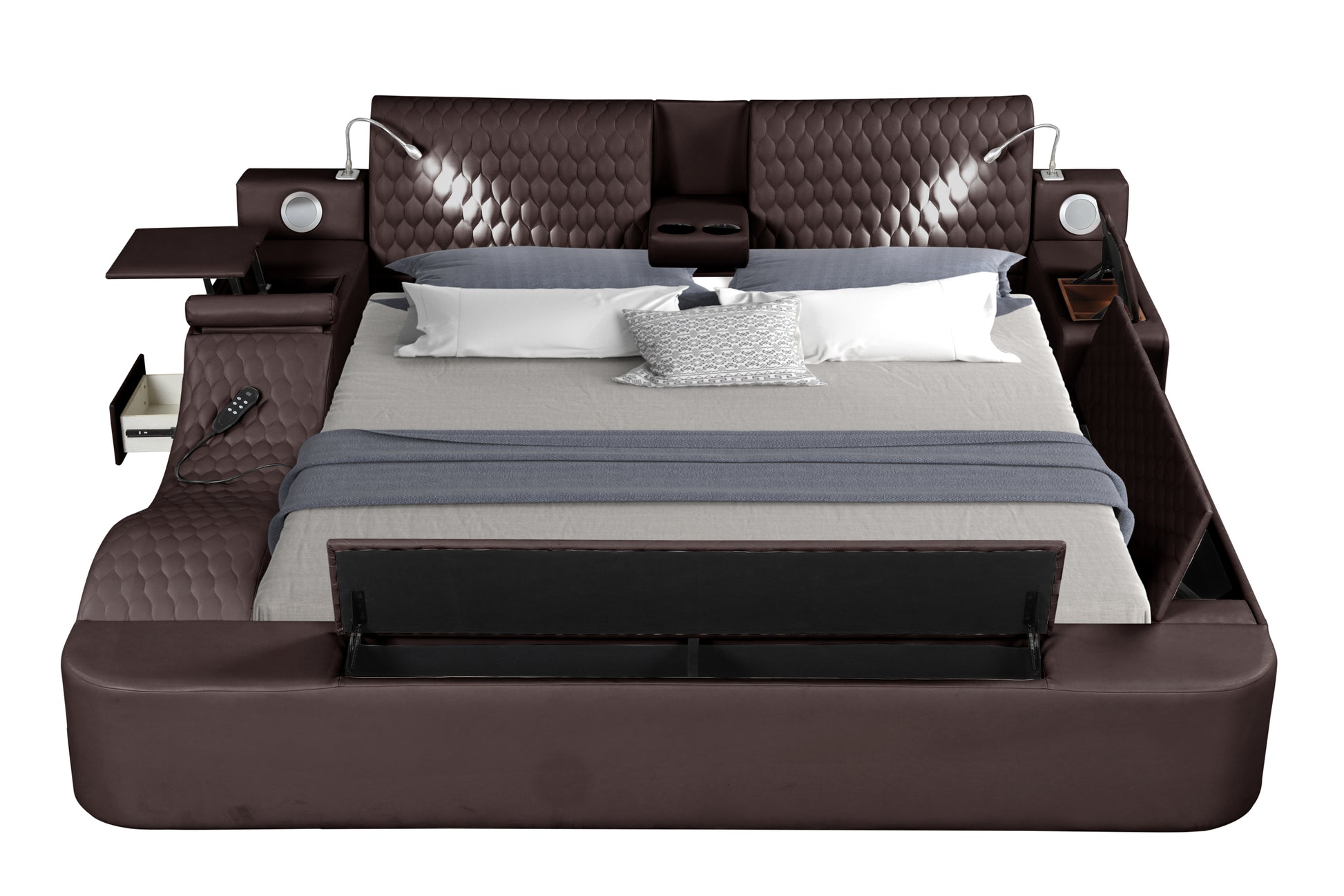 Zoya Smart Multifunctional King Size Bed Made With Wood In Brown Box Spring Not Required King Brown Wood Bedroom Contemporary,Modern Slat Beds Upholstered Wood