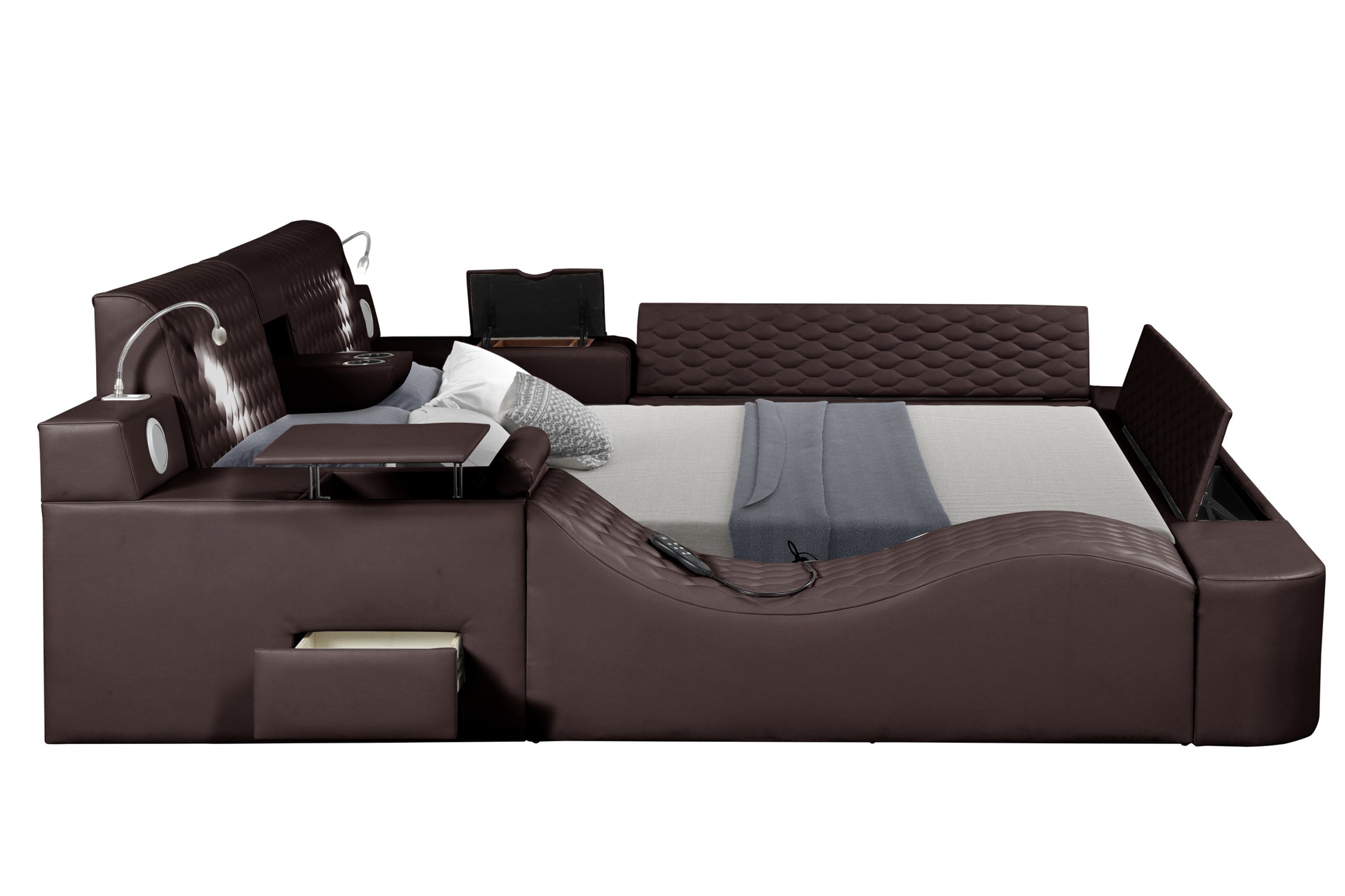 Zoya Smart Multifunctional King Size Bed Made With Wood In Brown Box Spring Not Required King Brown Wood Bedroom Contemporary,Modern Slat Beds Upholstered Wood