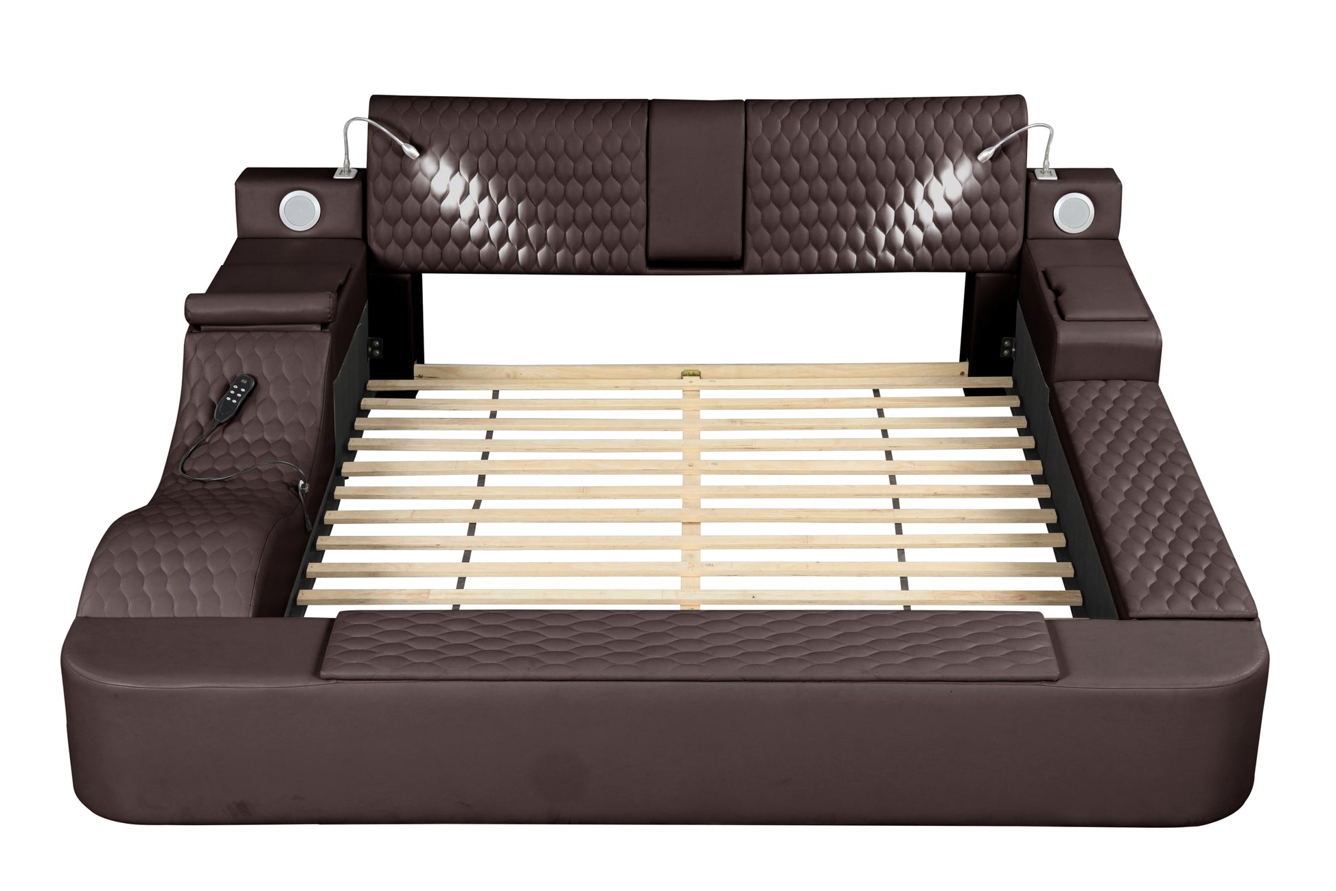 Zoya Smart Multifunctional King Size Bed Made With Wood In Brown Box Spring Not Required King Brown Wood Bedroom Contemporary,Modern Slat Beds Upholstered Wood