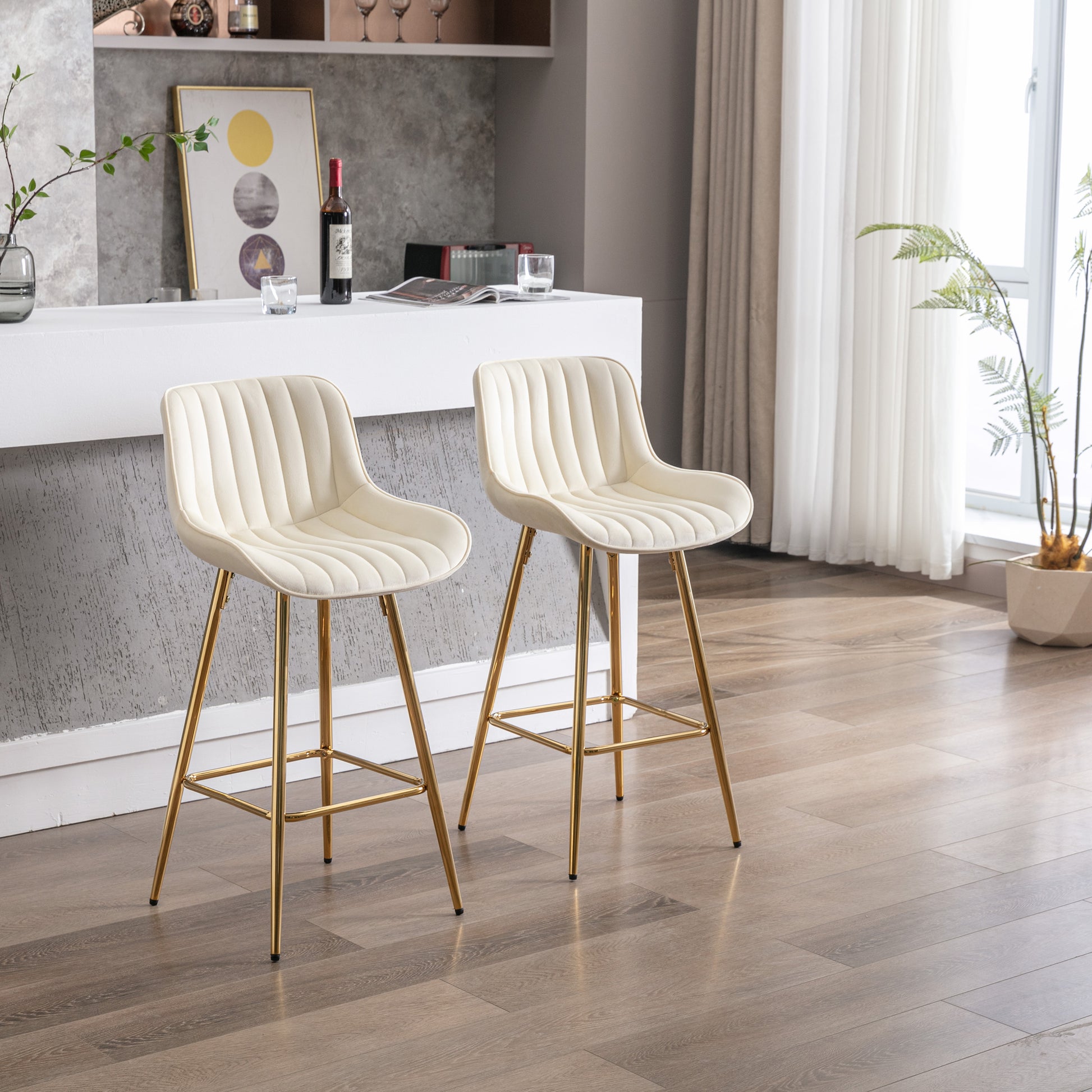 26 Inch Set Of 2 Bar Stools,With Chrome Footrest Velvet Fabric Counter Stool Golden Leg Simple Bar Stool,Cream Cream Foam Fabric