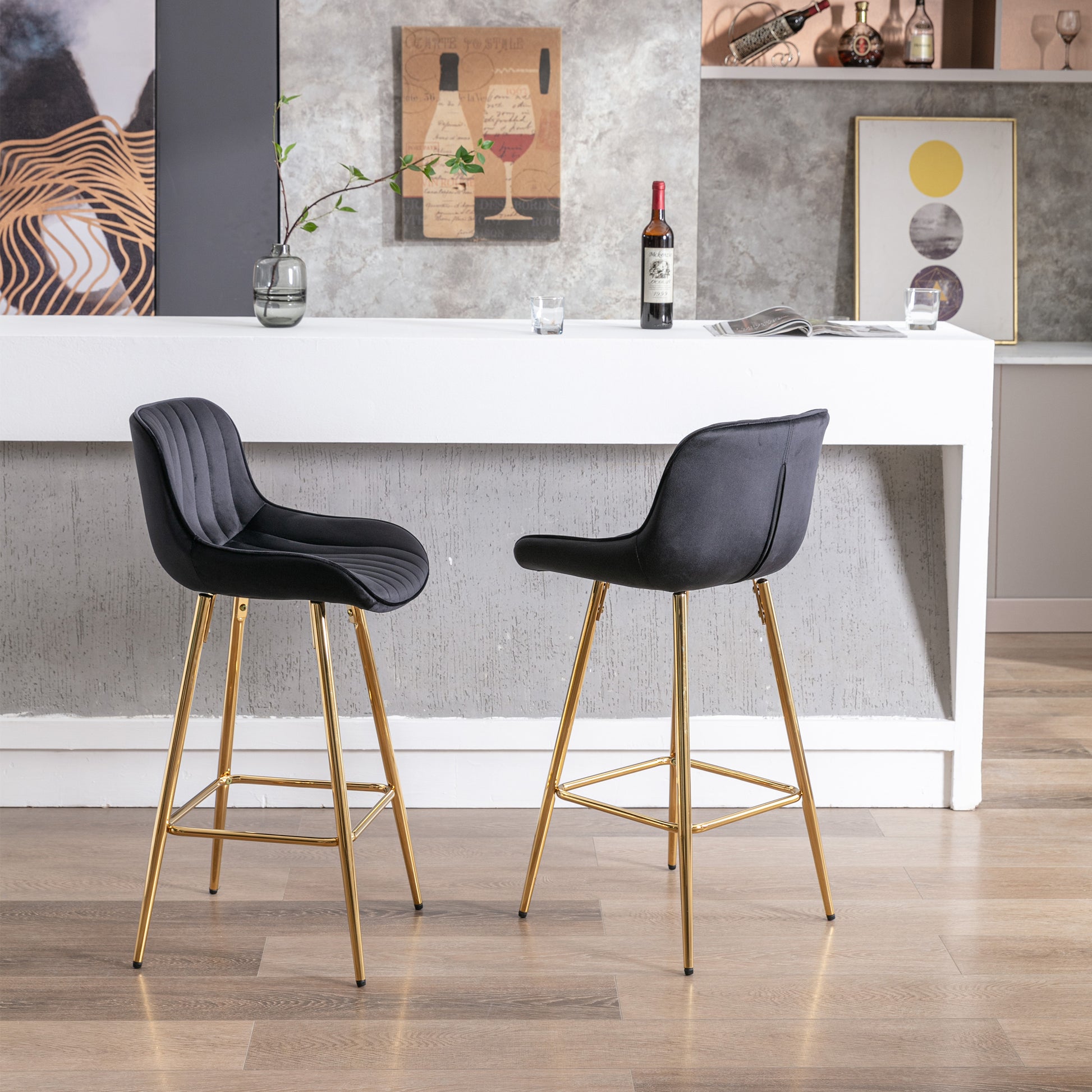 26 Inch Set Of 2 Bar Stools,With Chrome Footrest Velvet Fabric Counter Stool Golden Leg Simple Bar Stool,Black Black Foam Fabric