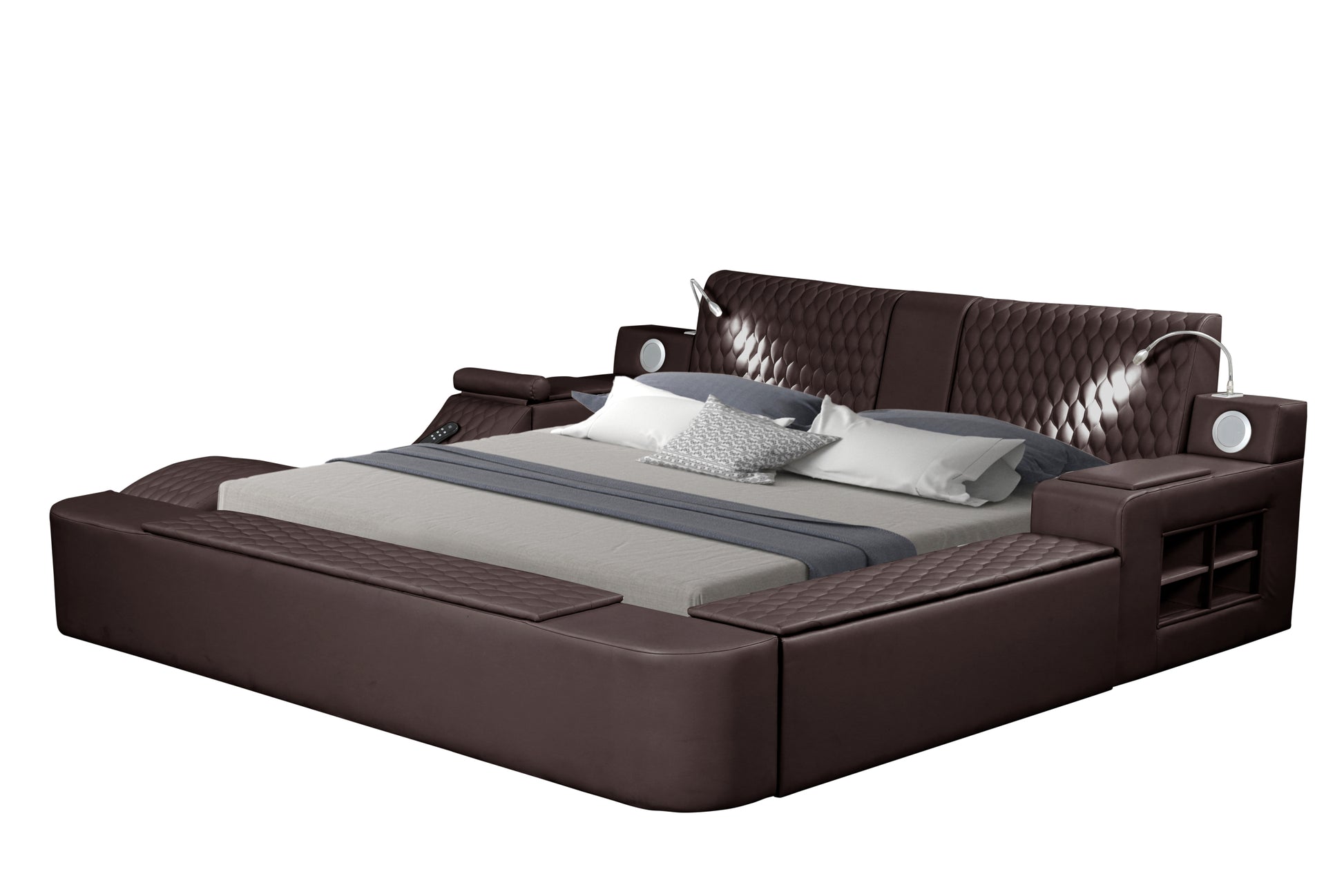 Zoya Smart Multifunctional King Size Bed Made With Wood In Brown Box Spring Not Required King Brown Wood Bedroom Contemporary,Modern Slat Beds Upholstered Wood