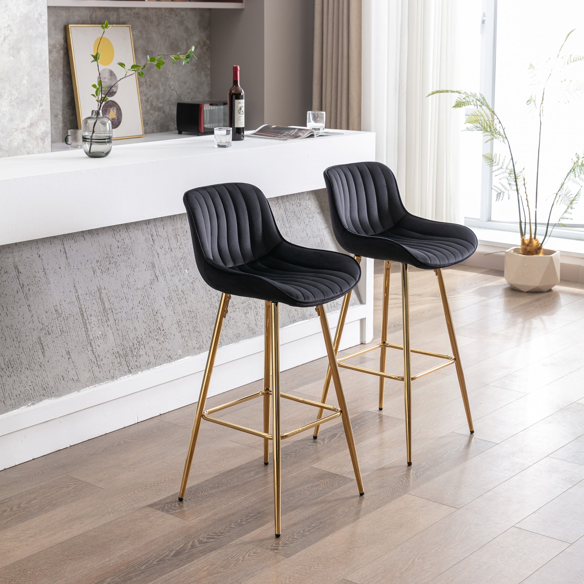 30 Inch Set Of 2 Bar Stools,With Chrome Footrest Velvet Fabric Counter Stool Golden Leg Simple High Bar Stool,Black Black Foam Fabric