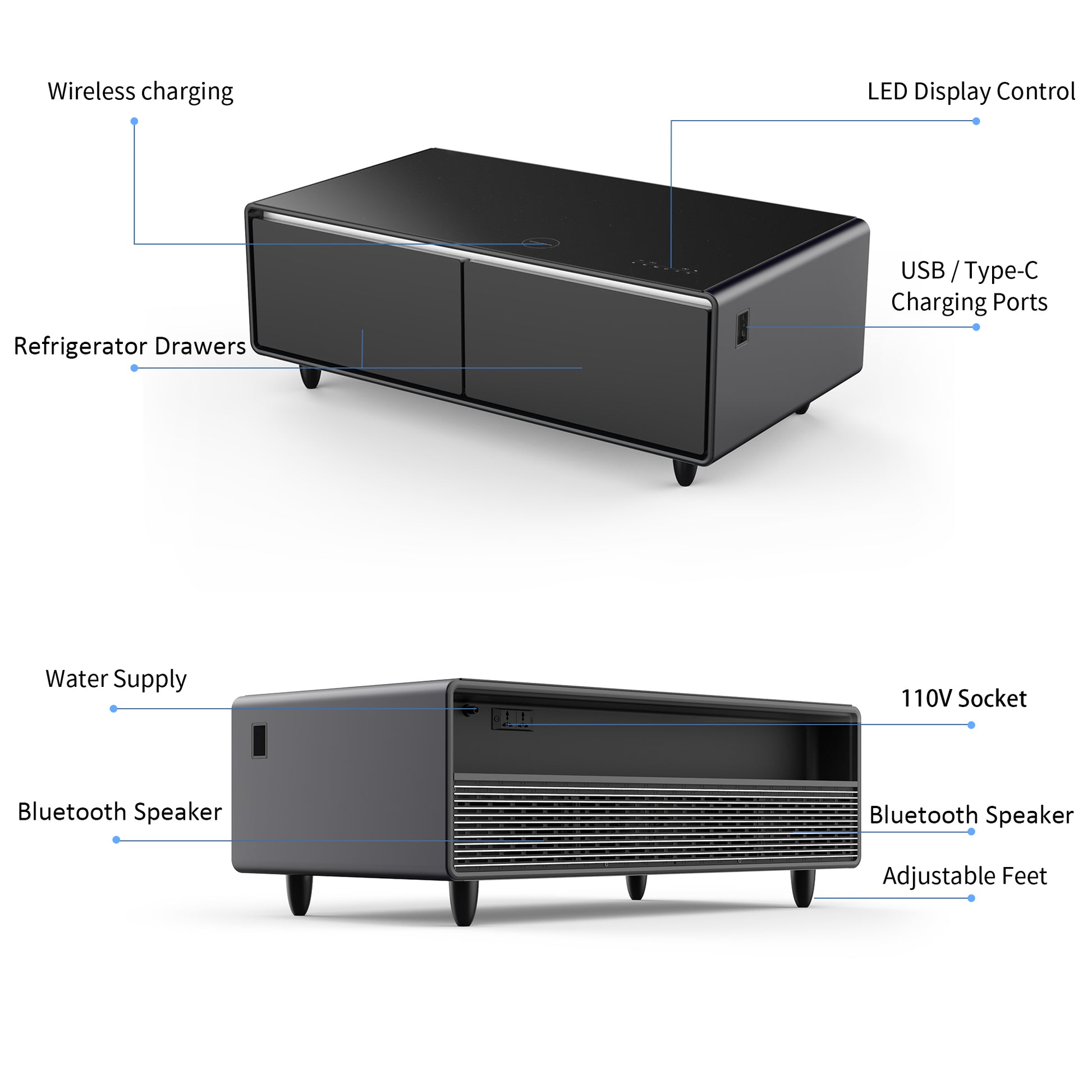 Modern Smart Coffee Table With Built In Fridge, Bluetooth Speaker, Wireless Charging Module, Touch Control Panel, Power Socket, Usb Interface, Outlet Protection, Atmosphere Light, Black Black Primary Living Space Coffee & End Tables Abs