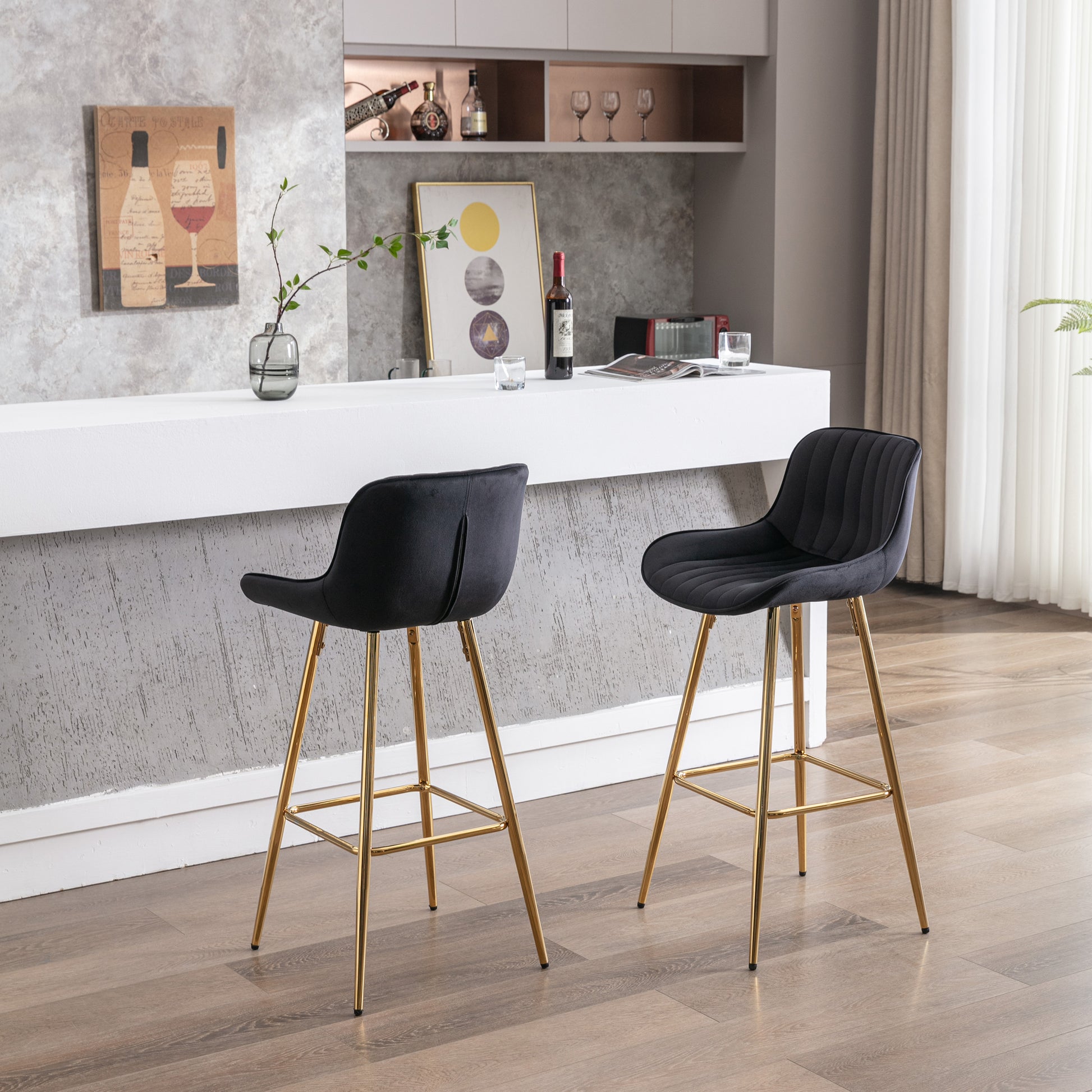 30 Inch Set Of 2 Bar Stools,With Chrome Footrest Velvet Fabric Counter Stool Golden Leg Simple High Bar Stool,Black Black Foam Fabric