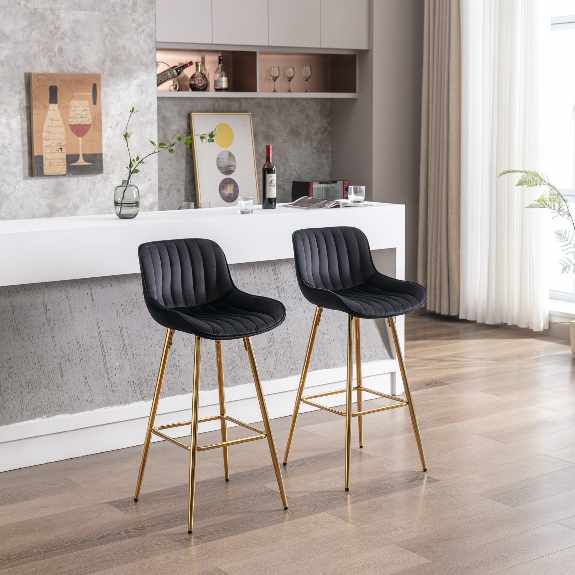 30 Inch Set Of 2 Bar Stools,With Chrome Footrest Velvet Fabric Counter Stool Golden Leg Simple High Bar Stool,Black Black Foam Fabric