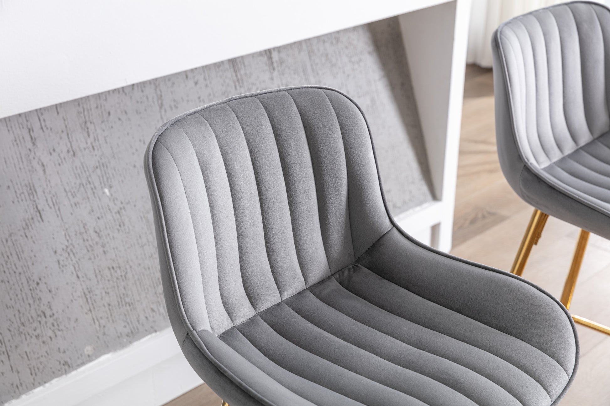26 Inch Set Of 2 Bar Stools,With Chrome Footrest Velvet Fabric Counter Stool Golden Leg Simple Bar Stool,Gray Gray Foam Fabric
