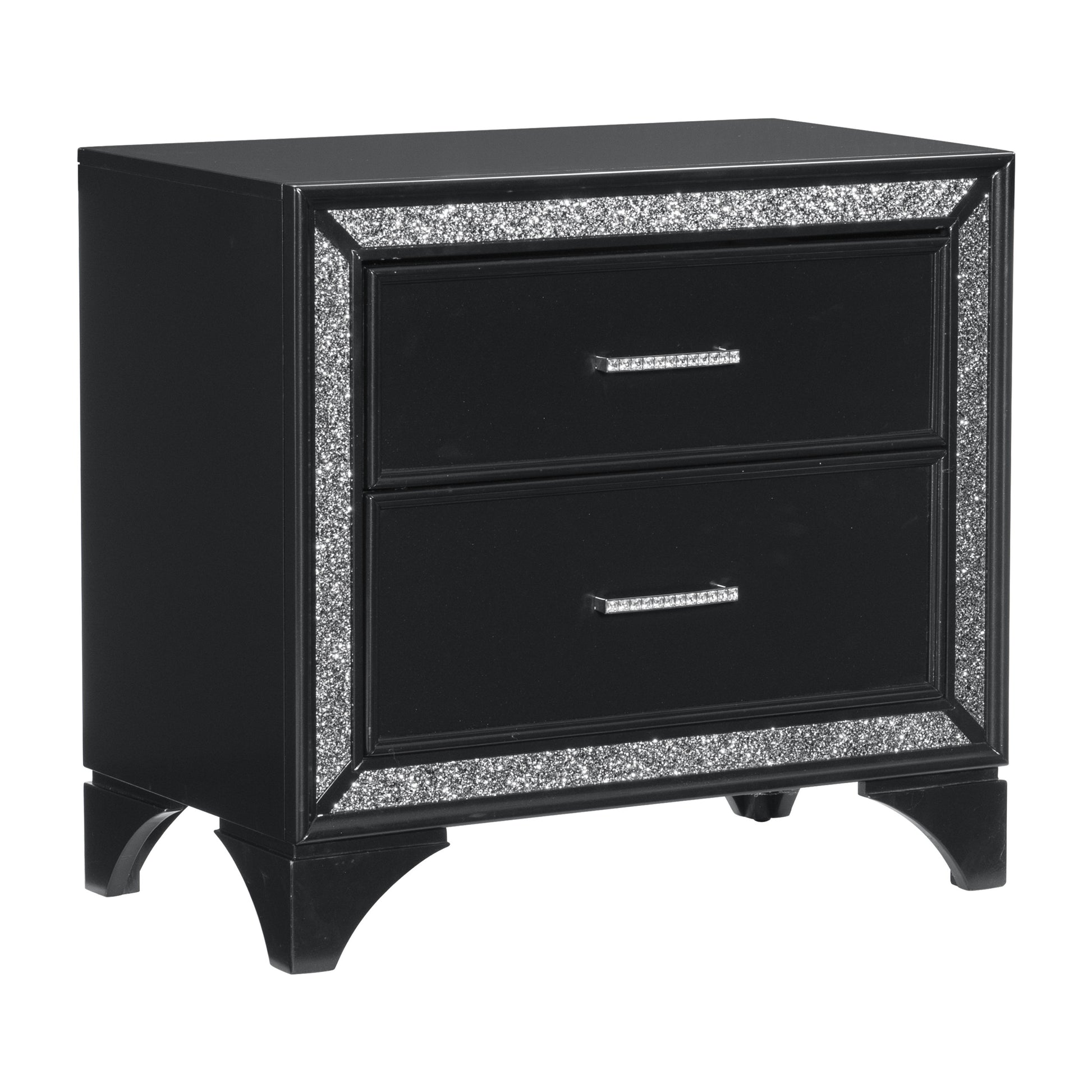 Glamourous Peal Black Metallic Finish 1Pc Nightstand Of 2X Drawers Faux Crystal Handles Modern Bedroom Wooden Furniture Black 2 Drawers Bedroom Modern Solid Wood