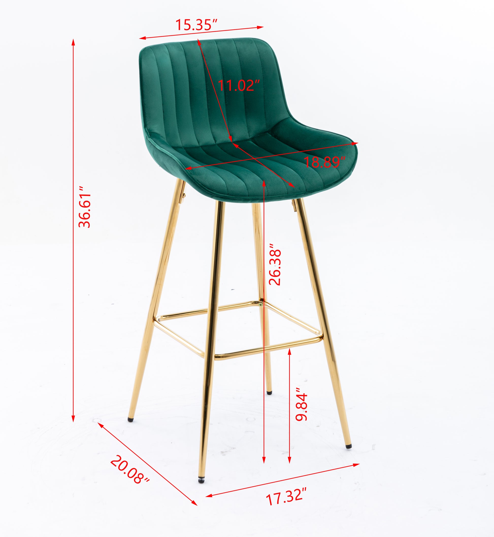 26 Inch Set Of 2 Bar Stools,With Chrome Footrest Velvet Fabric Counter Stool Golden Leg Simple Bar Stool,Green Green Foam Fabric