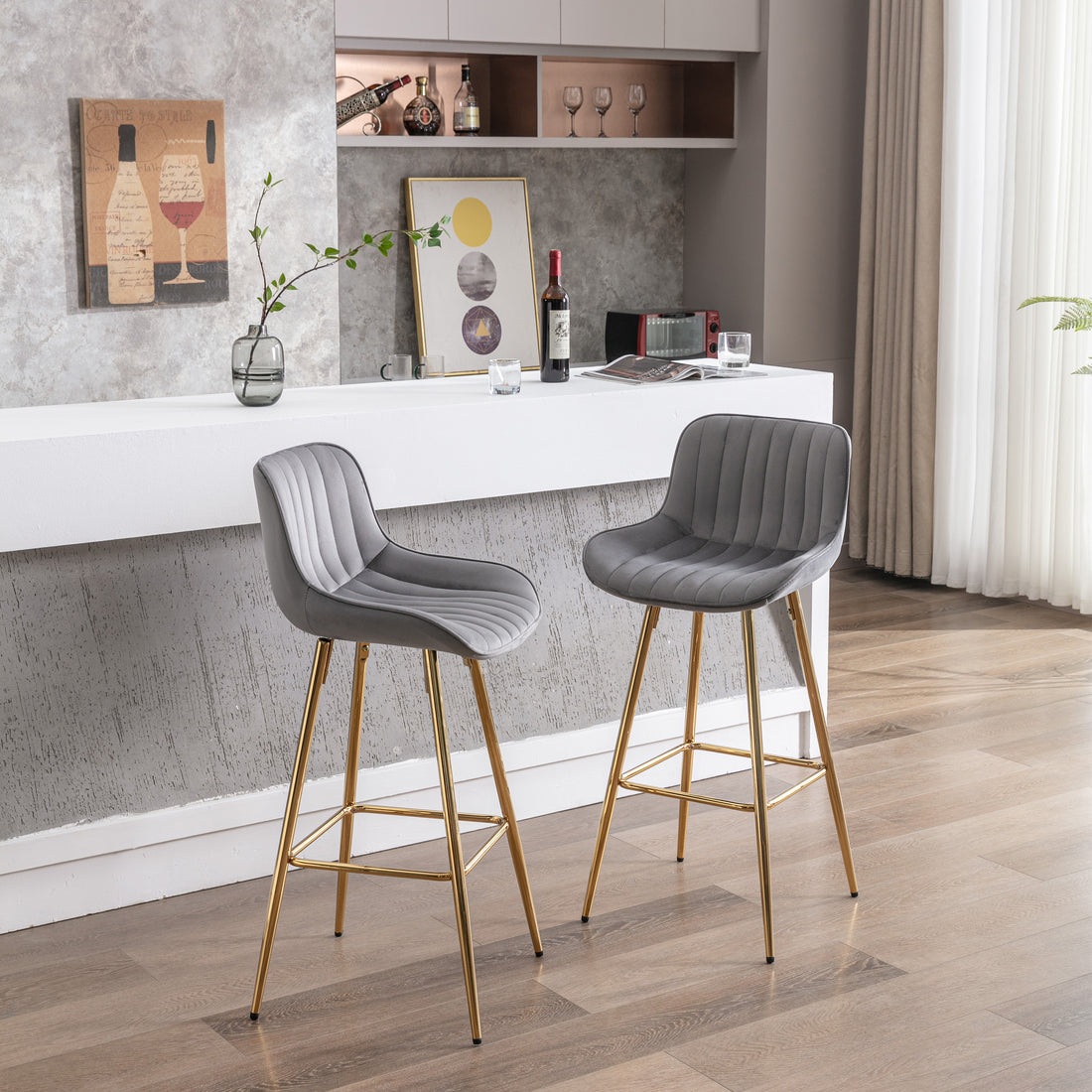 30 Inch Set Of 2 Bar Stools,With Chrome Footrest Velvet Fabric Counter Stool Golden Leg Simple High Bar Stool,Gray Gray Foam Fabric