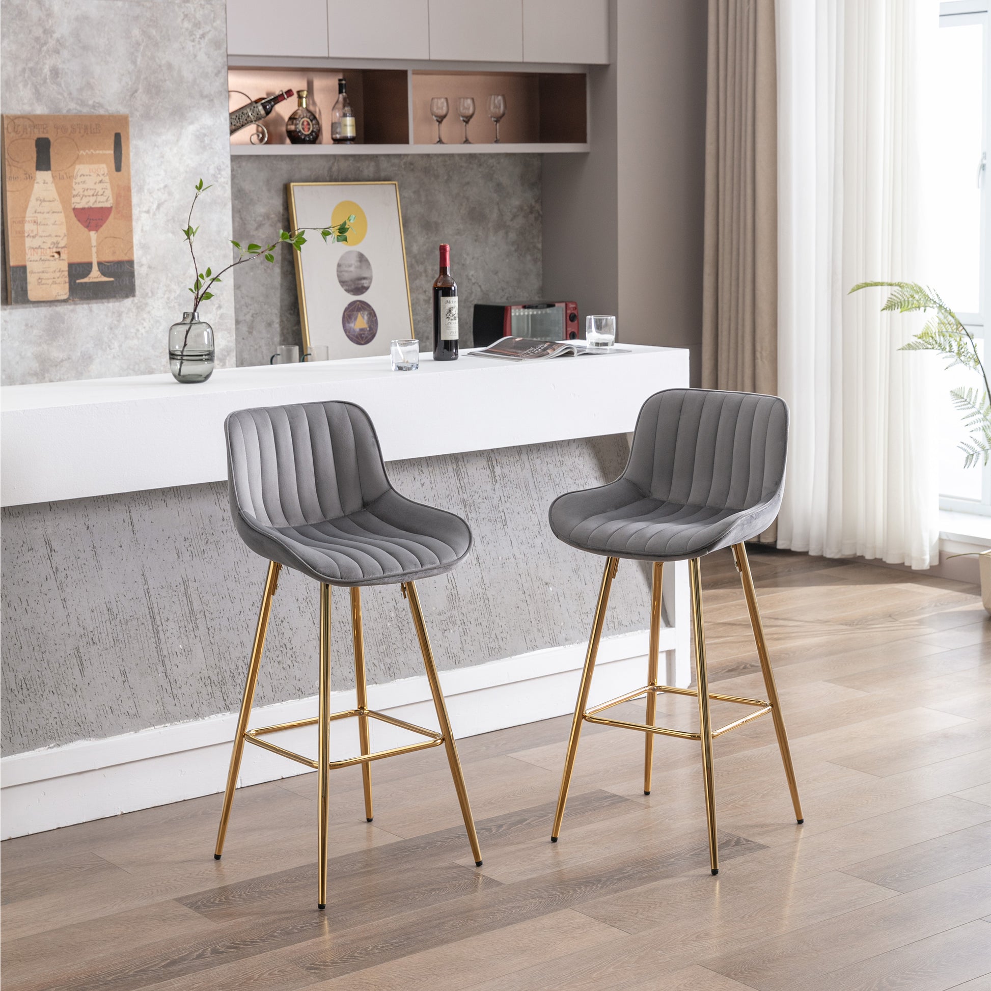 30 Inch Set Of 2 Bar Stools,With Chrome Footrest Velvet Fabric Counter Stool Golden Leg Simple High Bar Stool,Gray Gray Foam Fabric