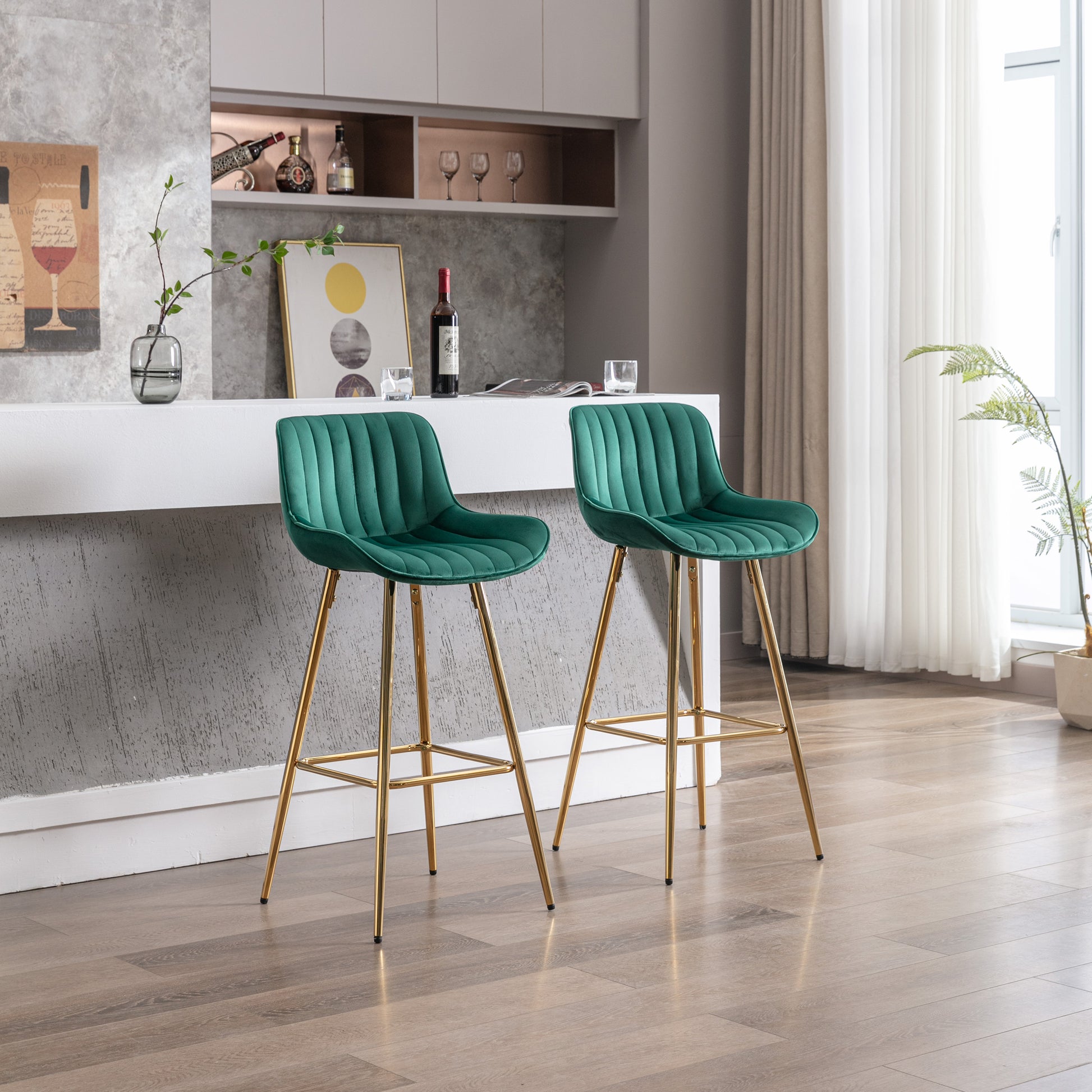 30 Inch Set Of 2 Bar Stools,With Chrome Footrest Velvet Fabric Counter Stool Golden Leg Simple High Bar Stool,Green Green Foam Fabric