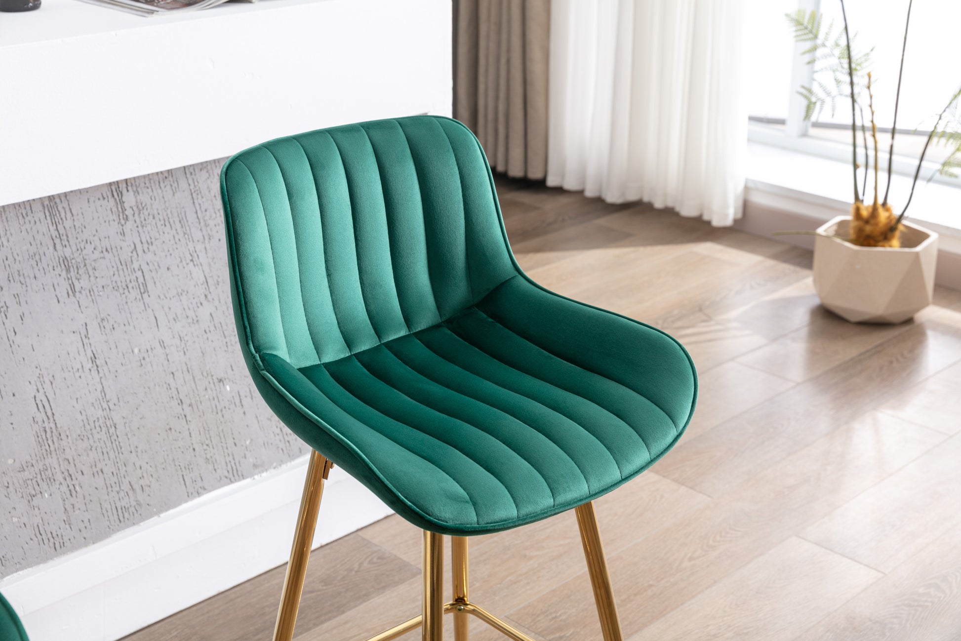 26 Inch Set Of 2 Bar Stools,With Chrome Footrest Velvet Fabric Counter Stool Golden Leg Simple Bar Stool,Green Green Foam Fabric