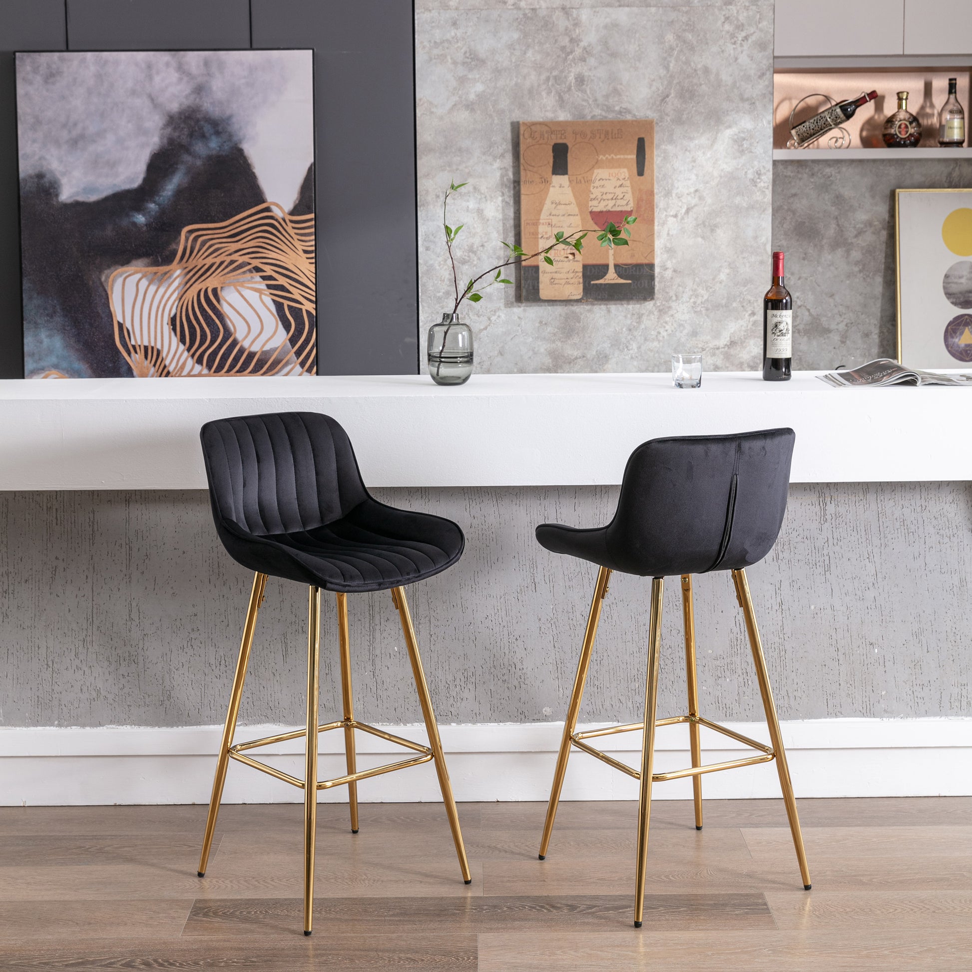 30 Inch Set Of 2 Bar Stools,With Chrome Footrest Velvet Fabric Counter Stool Golden Leg Simple High Bar Stool,Black Black Foam Fabric