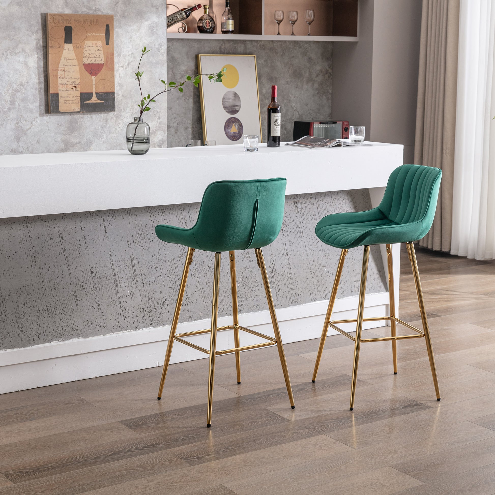 30 Inch Set Of 2 Bar Stools,With Chrome Footrest Velvet Fabric Counter Stool Golden Leg Simple High Bar Stool,Green Green Foam Fabric