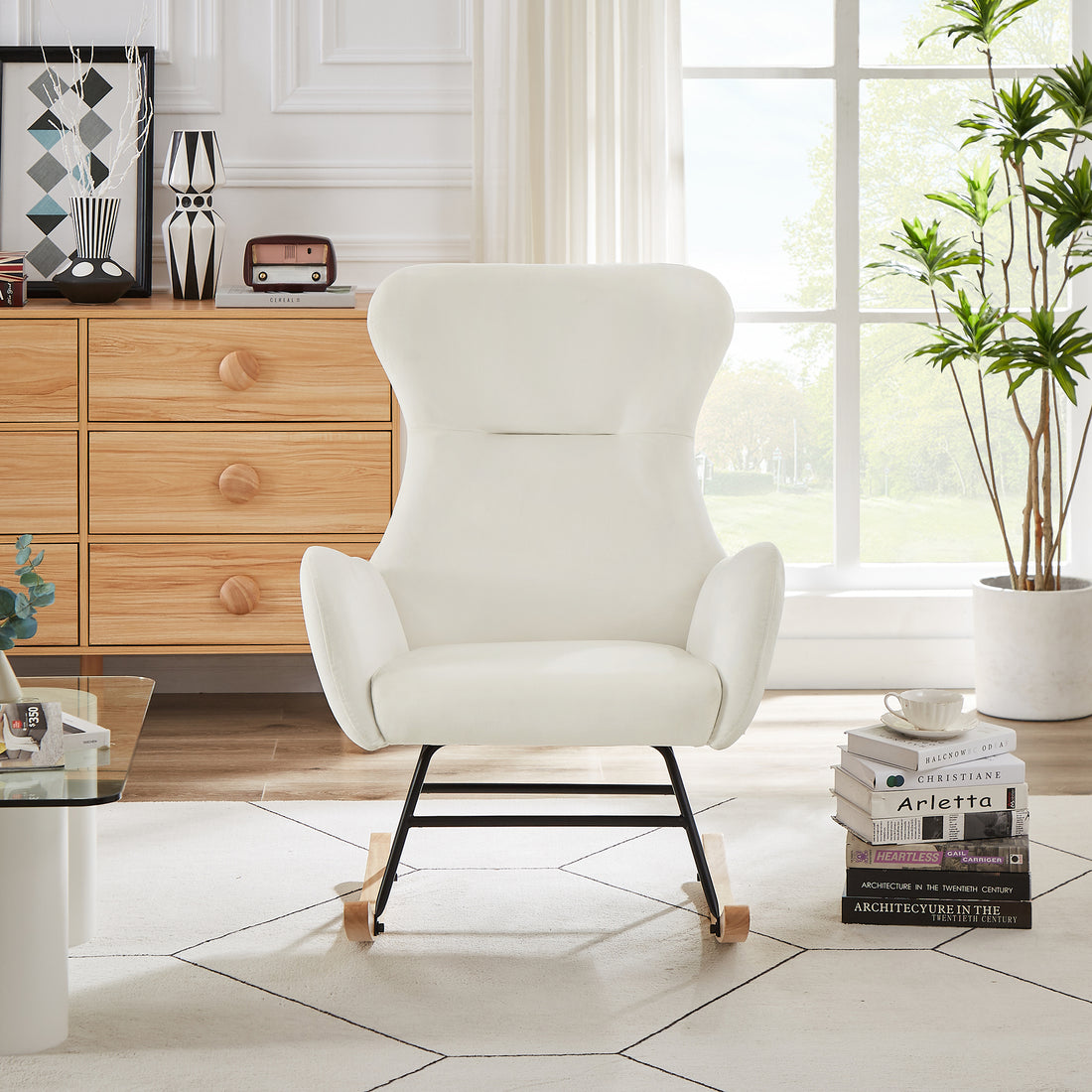Cream White Velvet Rocking Chair Cream White Foam Metal
