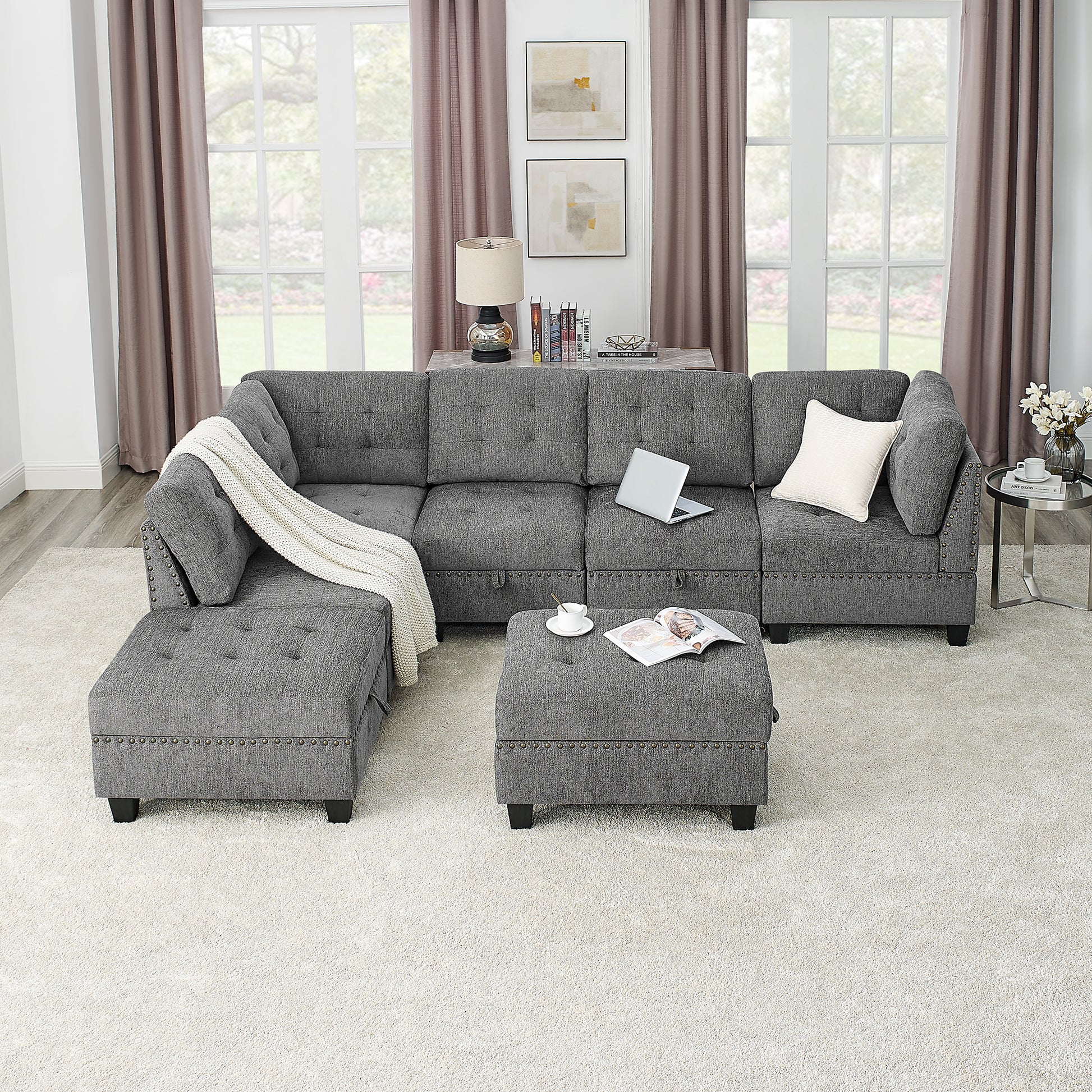 L Shape Modular Sectional Sofa,Diy Combination,Includes Three Single Chair ,Two Corner And Two Ottoman,Grey Chenille Grey Foam Chenille