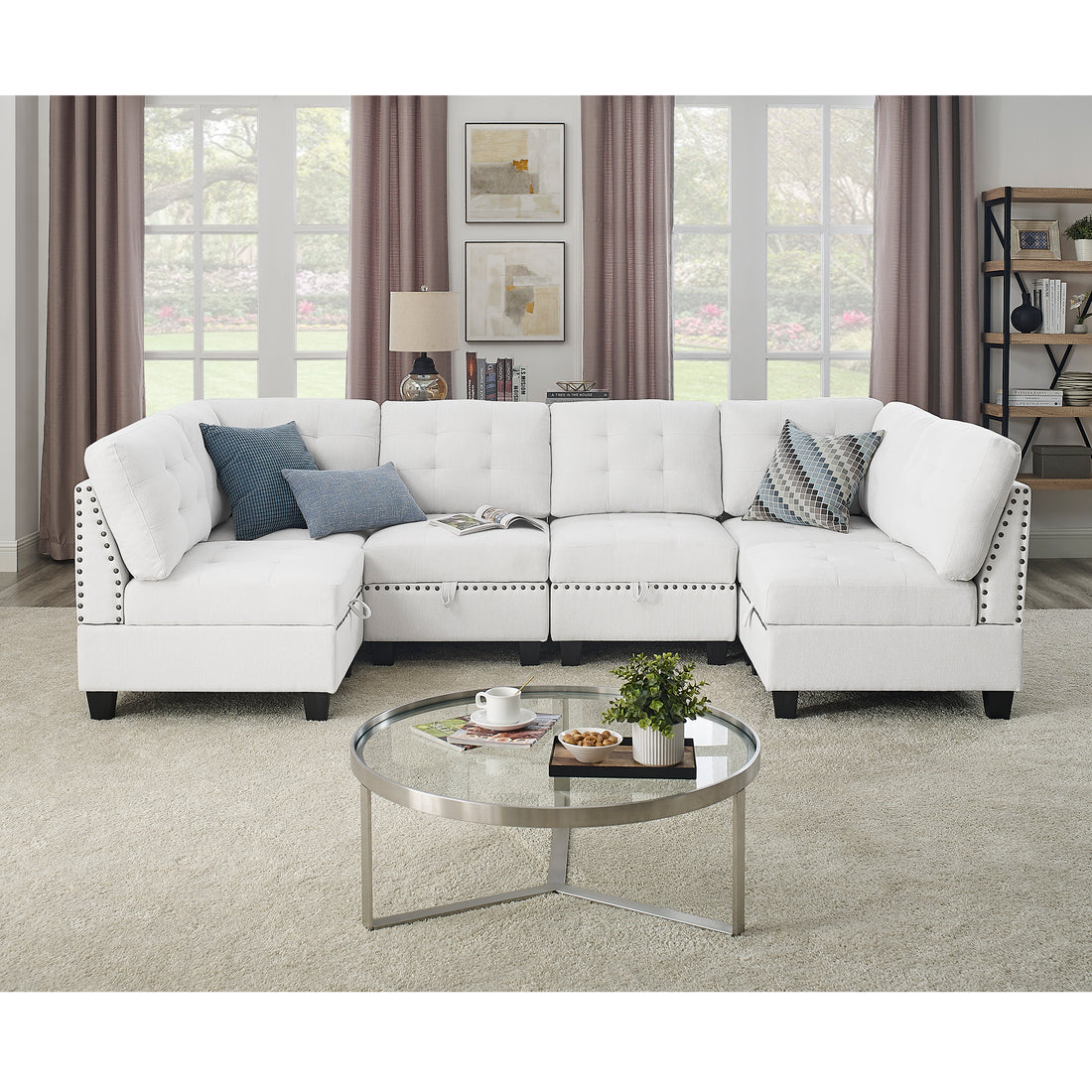 U Shape Modular Sectional Sofa,Diy Combination,Includes Four Single Chair And Two Corner,Ivory Chenille Ivory Chenille