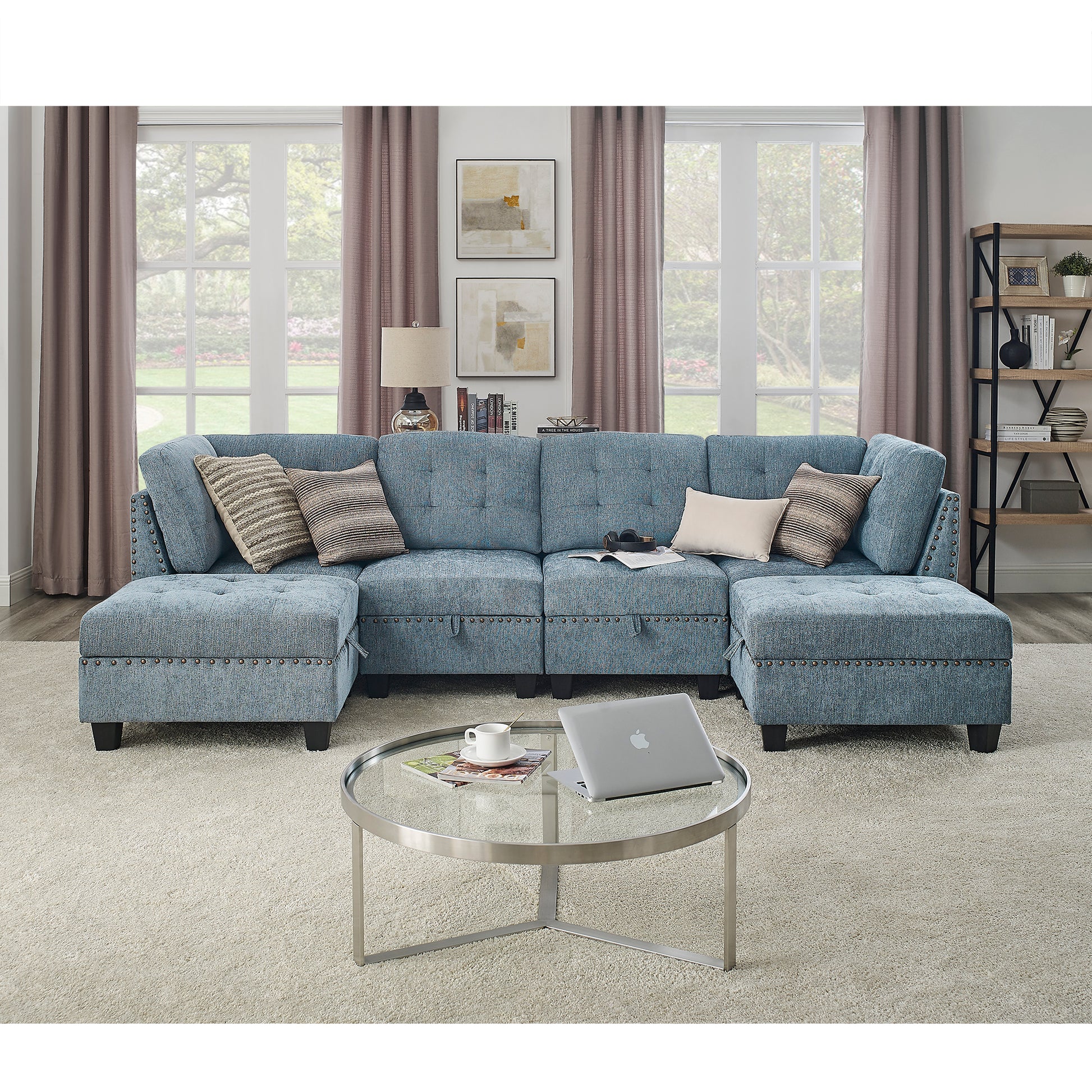 U Shape Modular Sectional Sofa,Diy Combination,Includes Two Single Chair ,Two Corner And Two Ottoman,Navy Chenille Navy Chenille