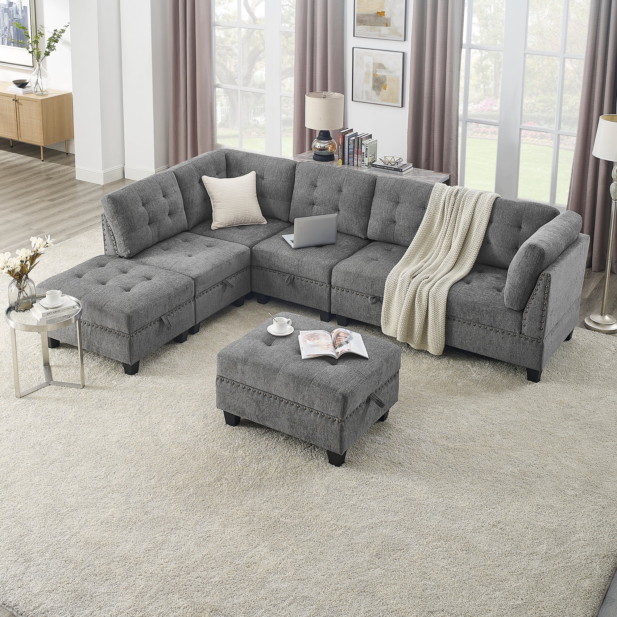 L Shape Modular Sectional Sofa,Diy Combination,Includes Three Single Chair ,Two Corner And Two Ottoman,Grey Chenille Grey Foam Chenille