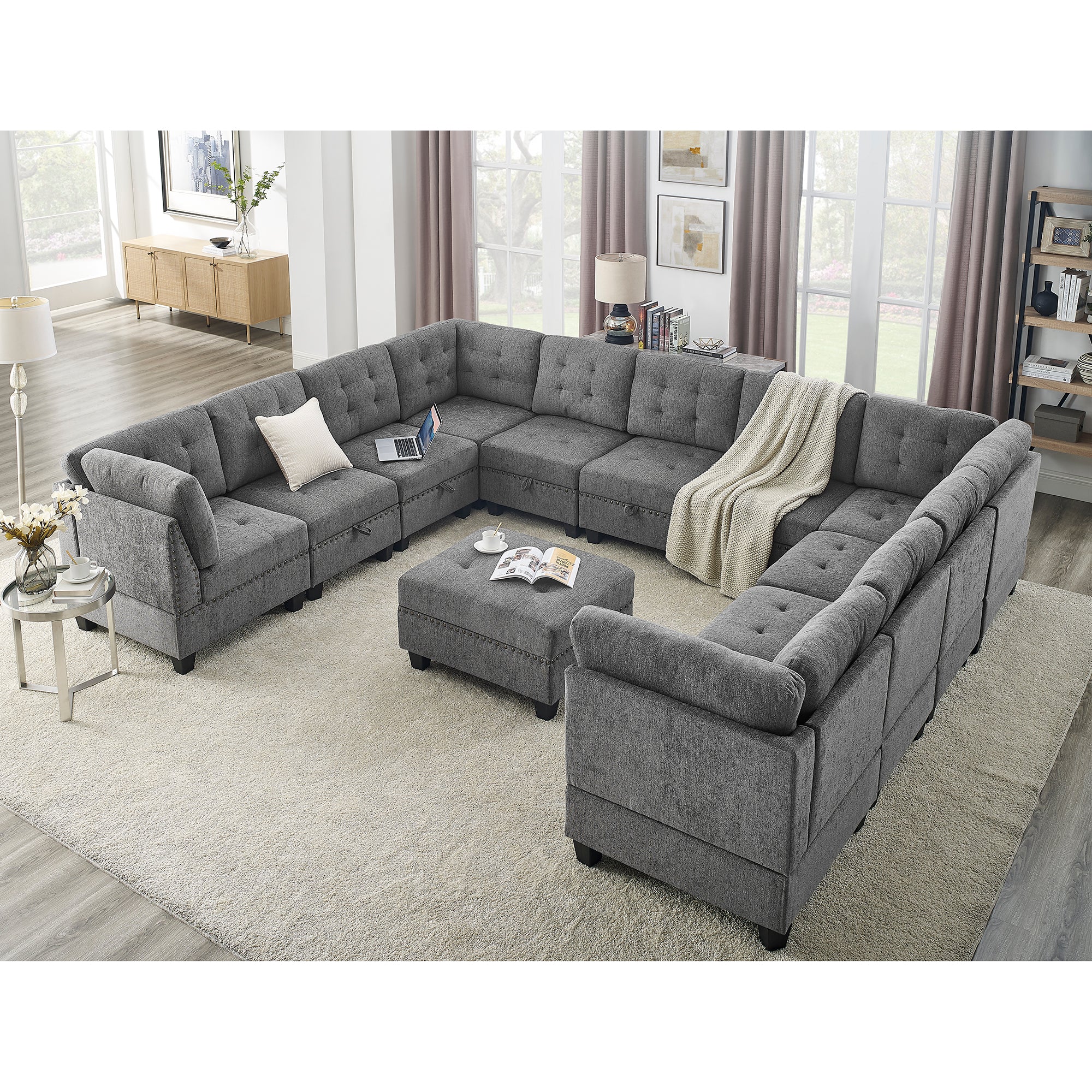 U Shape Modular Sectional Sofa,Diy Combination,Includes Seven Single Chair, Four Corner And One Ottoman,Grey Grey Plywood Chenille 10 Seat