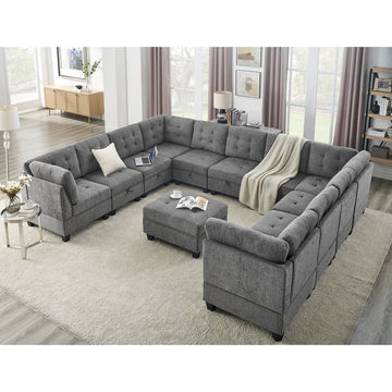 U Shape Modular Sectional Sofa,Diy Combination,Includes Seven Single Chair, Four Corner And One Ottoman,Grey Grey Plywood Chenille 10 Seat