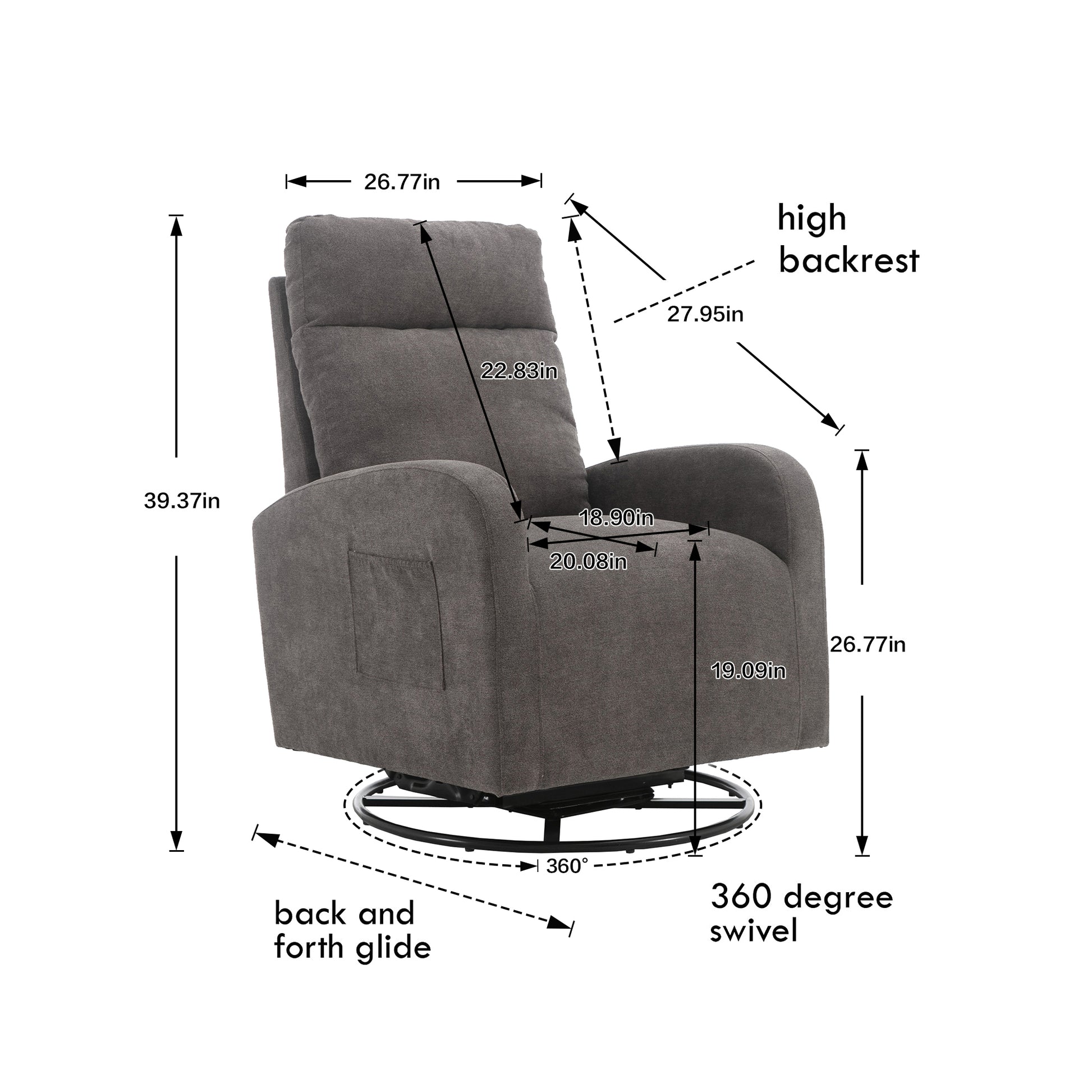Jiada Upholstered Swivel Glider.Rocking Chair For Nursery In Dark Grey.Modern Style One Left Bag Dark Gray Metal